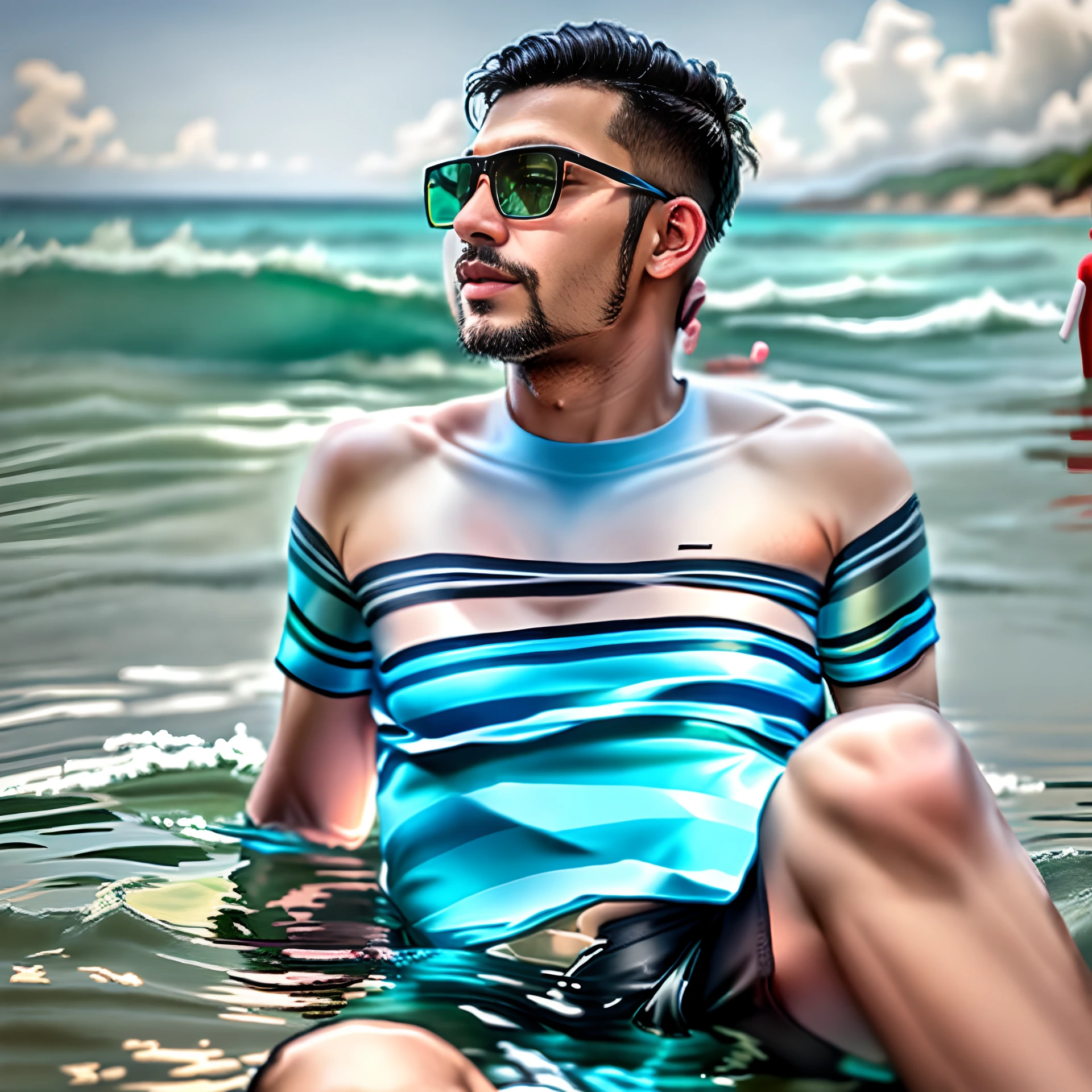 there is a man sitting in the water with his feet in the water, at a beach, in the beach, on beach, jayison devadas, riyahd cassiem, the ocean in the background, on a beach, posing on a beach with the ocean, candid picture, sitting at the beach, at the beach, on the ocean water, Best quality, 1024k, 1024k, perfect body, ultra detailed face, , detailed eyes handsome boy, realistic face, ultra realistic, ultra HDR pro realistic, blue colour t-shirt,Big waves and an island behind