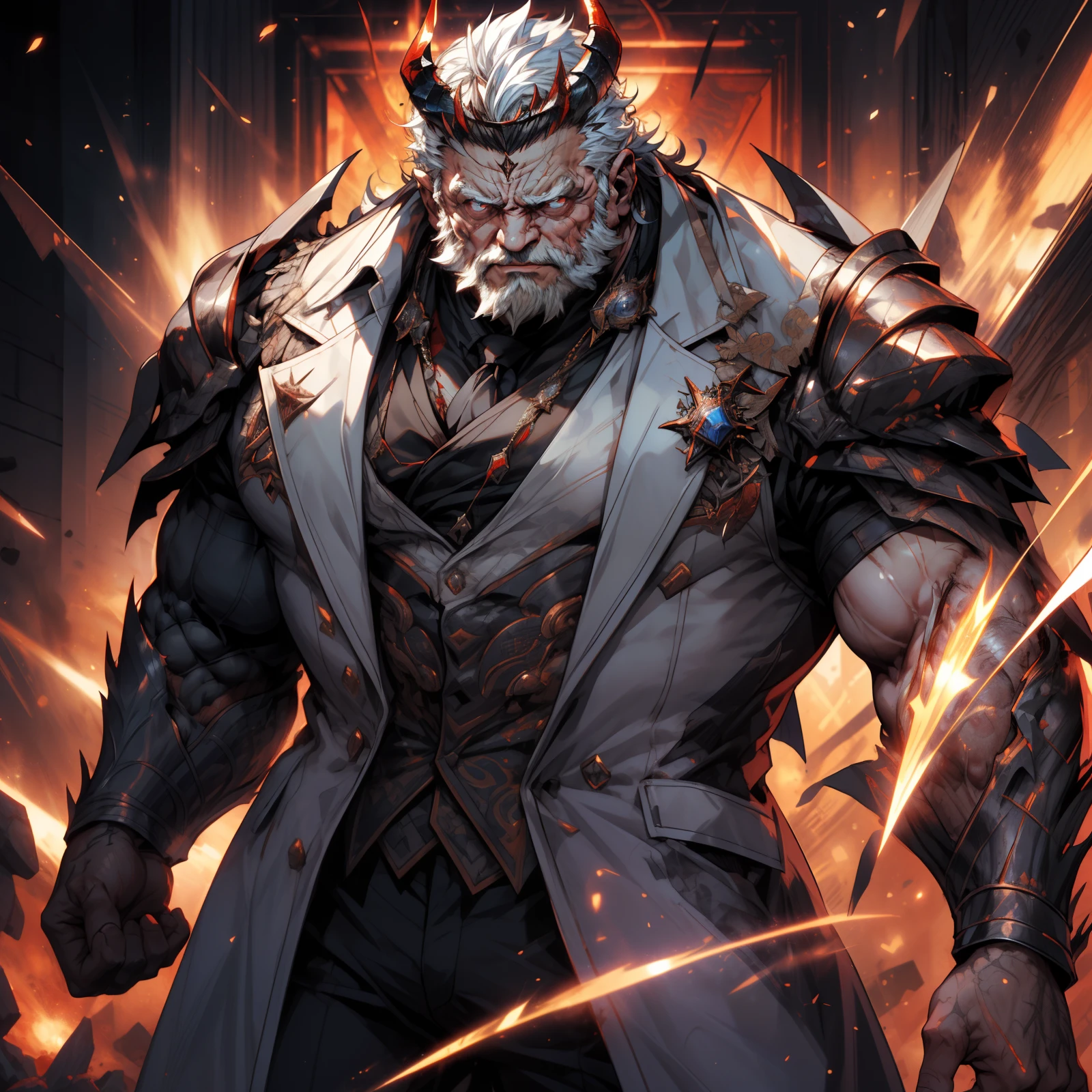 old man, (bara),admiral, thick body,(fat),(big muscle),long ornate suit.long tie,luxury,devil crown,white beard,white hair,handsome, sharp gaze, in cage,glowing red eyes,big eyes, big bulge,hd quality, masterpiece, extremely detailed, looking to the viewer, perspective view, UHD, 64k, unreal.(highly detailed skin), (detailed face), detailed background, dark lighting, twilight lighting, volumetric lighting, intricate details, UHD, evil, corrupted