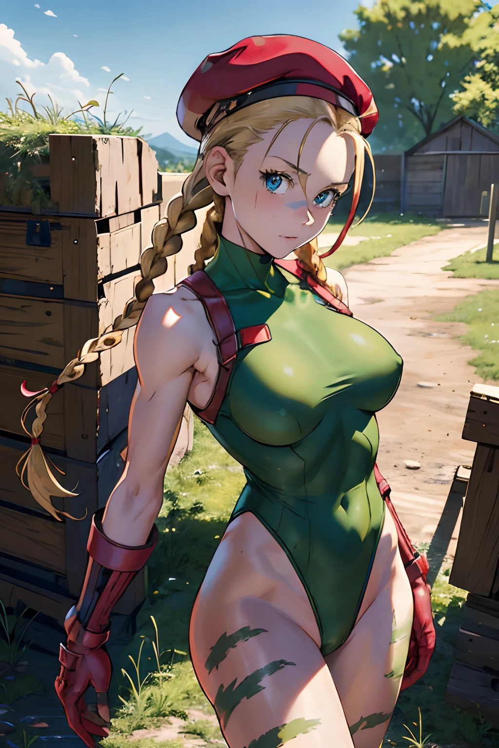 masterpiece, best quality, highres, 1girl, cammy white, twin braids, long hair, blonde hair, antenna hair, beret, (red headwear:1.3), blue eyes, scar on cheek, green leotard, large breasts, sleeveless, red gloves, fingerless gloves, camouflage, cowboy shot, standing, outdoors, arms at sides, straight-on,