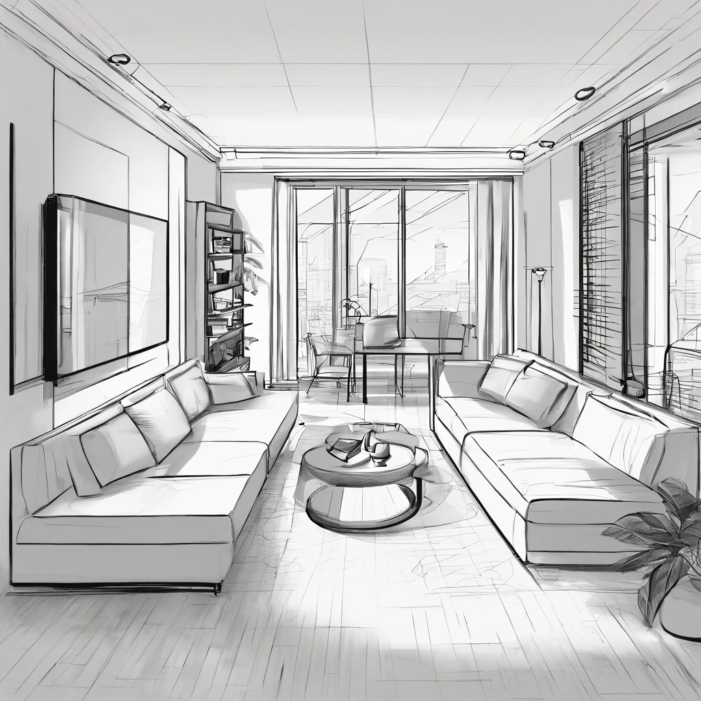 Small living room、Correct perspective、line-drawing、outlines、Medium omission、unmanned、grayscales