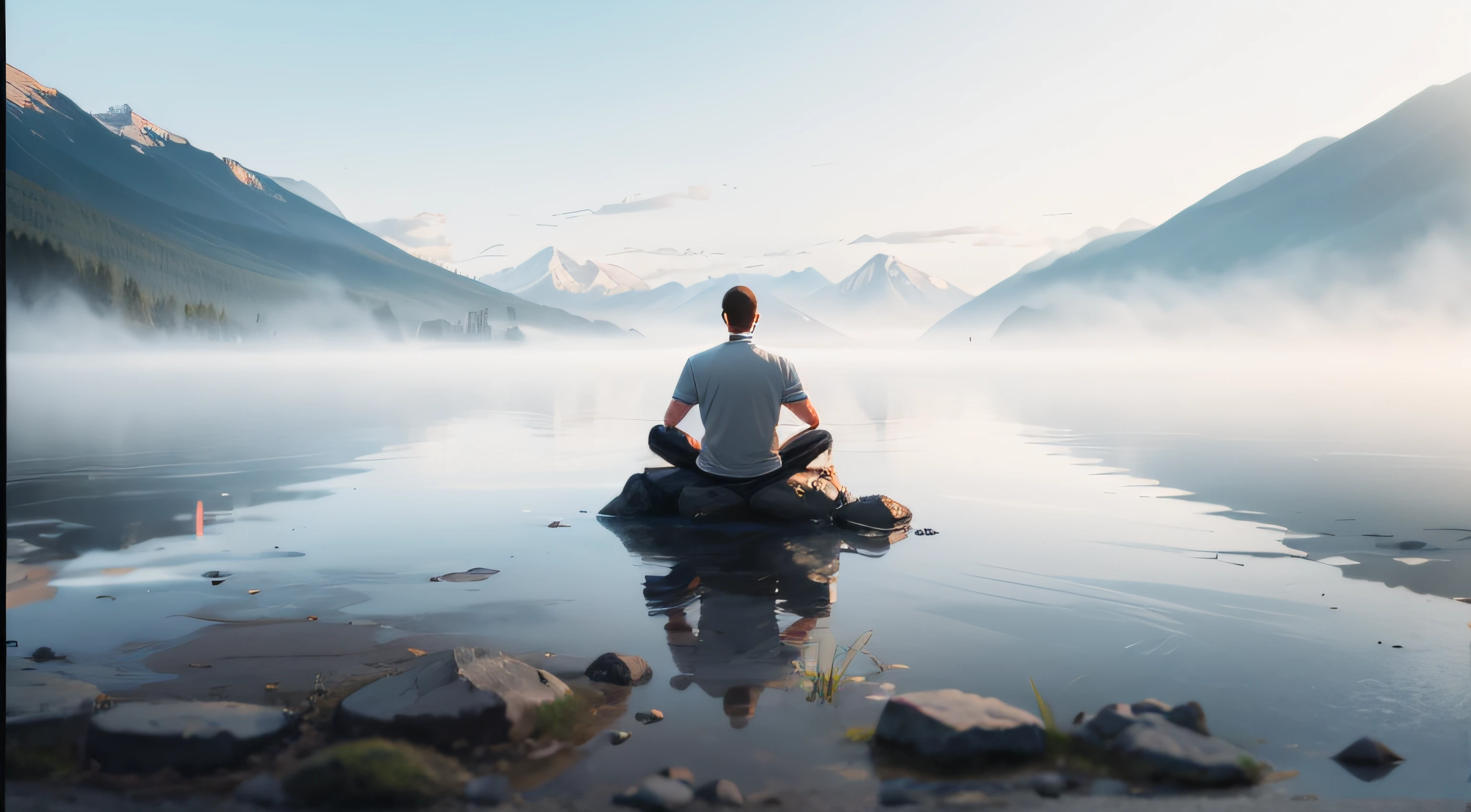 a man meditating at a mountain lake, peaceful atmosphere, mist, mindfulness, back facing away