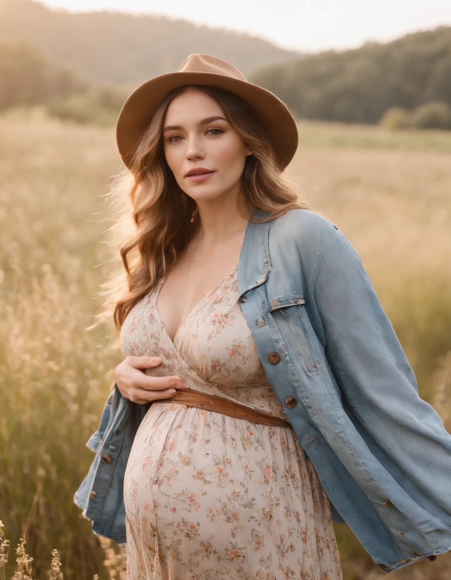 an up close photo of a pregnant woman dressed in bohemian-inspired fashion, wearing a flowy maxi dress with floral prints, layered with a denim jacket and accessorized with a floppy hat and vintage accessories. Her hair is styled in loose waves or natural curls. The setting is a sunlit park or meadow, with long grass and wildflowers,((golden short hair))