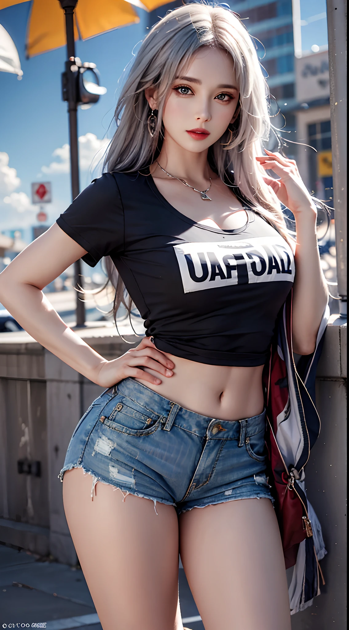 photorealistic, high resolution, 1women, mature female, solo, hips up, jewelry, street wear, t-shirt, shorts