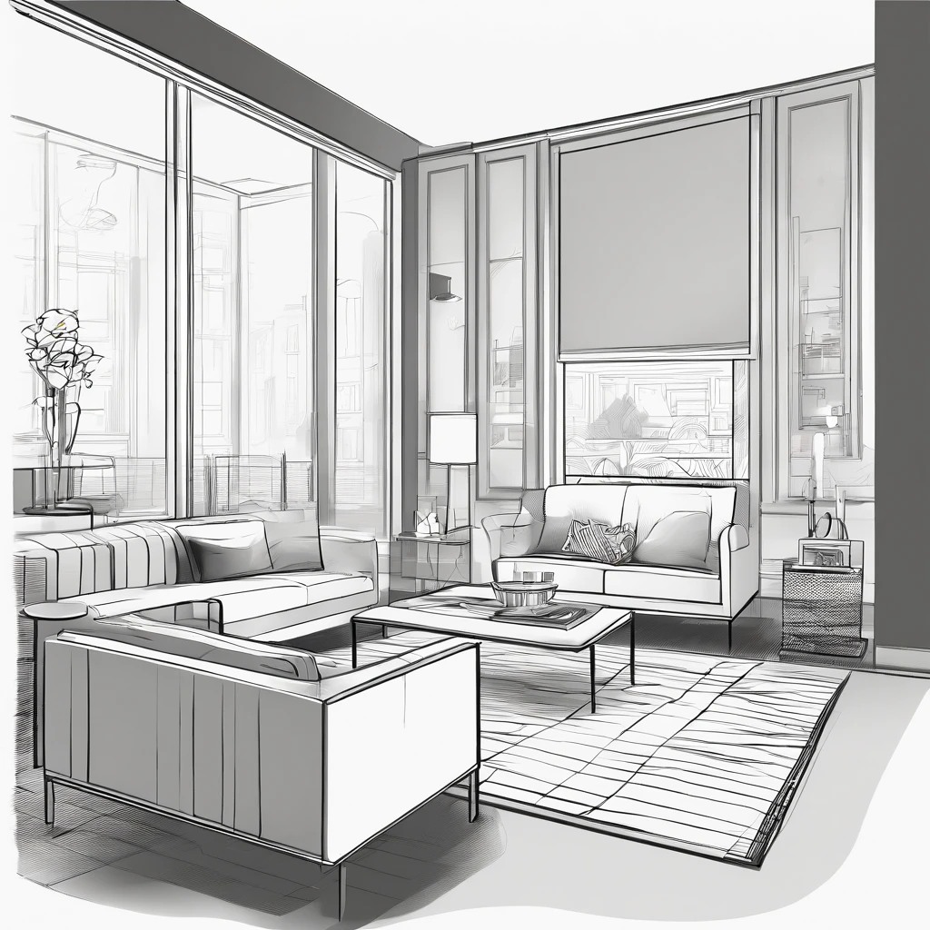 Small living room、Correct perspective、line-drawing、outlines、Medium omission、unmanned、grayscales
