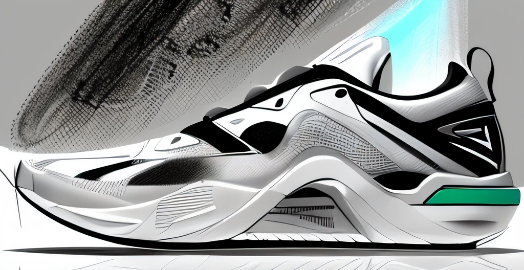 a drawing of a shoe with a line drawing of the sole, sneaker design, basketball sneaker concept art, Line sketch, stylized linework, futuristic sneakers, line work concept art, concept sketches, stylish shoe design, in style of zaha hadid, sketch illustratio, dynamic linework, hyper detail illustration, lineart behance hd, Concept illustration, conceptual drawing