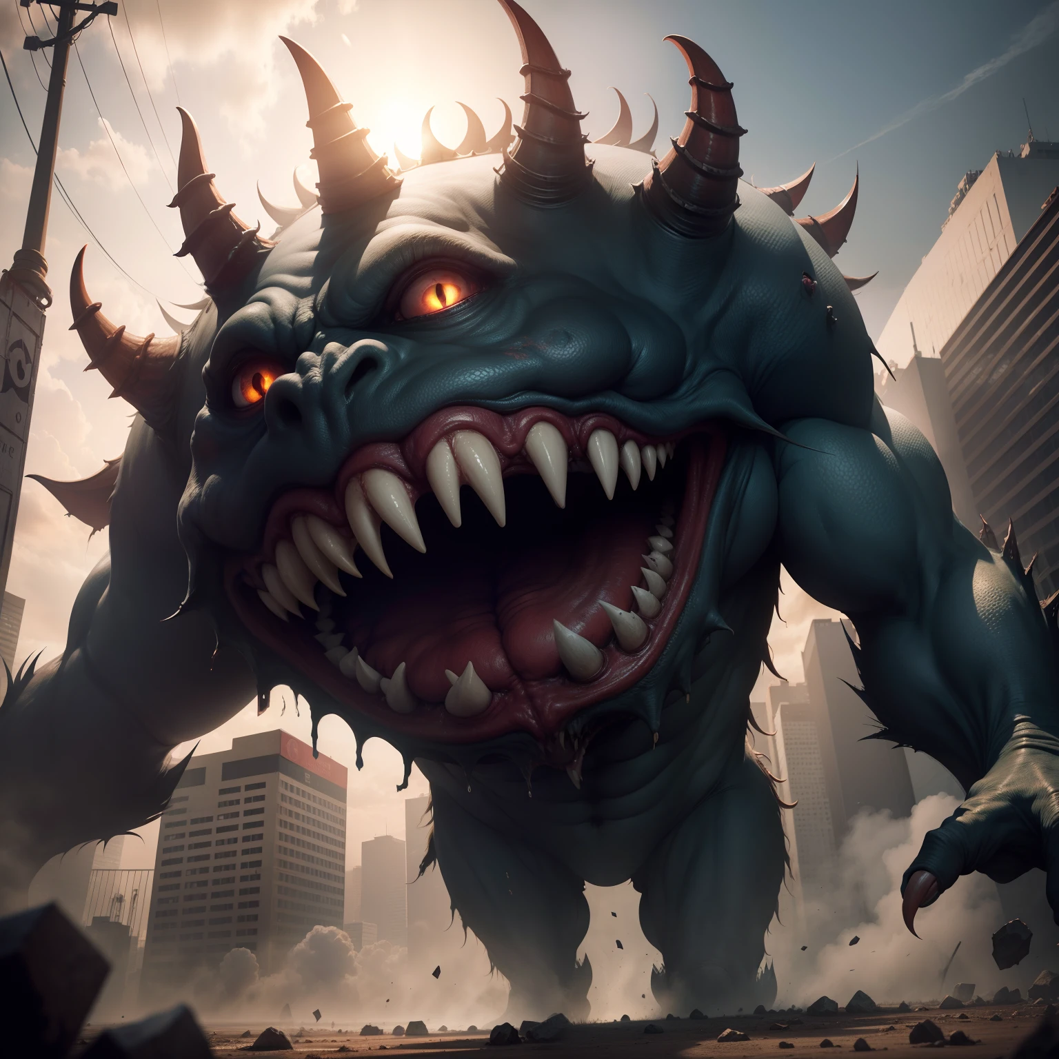 Giant Monsters, Looking up at Satoyama, Clear sky, Menacing monsters, Sinister Monster,Terrifying monsters, Terrifying monsters, destruction, frigid hell, Super-giant creature, Stylish monster, Monster with mouth wide open, In the mouthの空間, Misaligned teeth, Aerial perspective, In the mouth