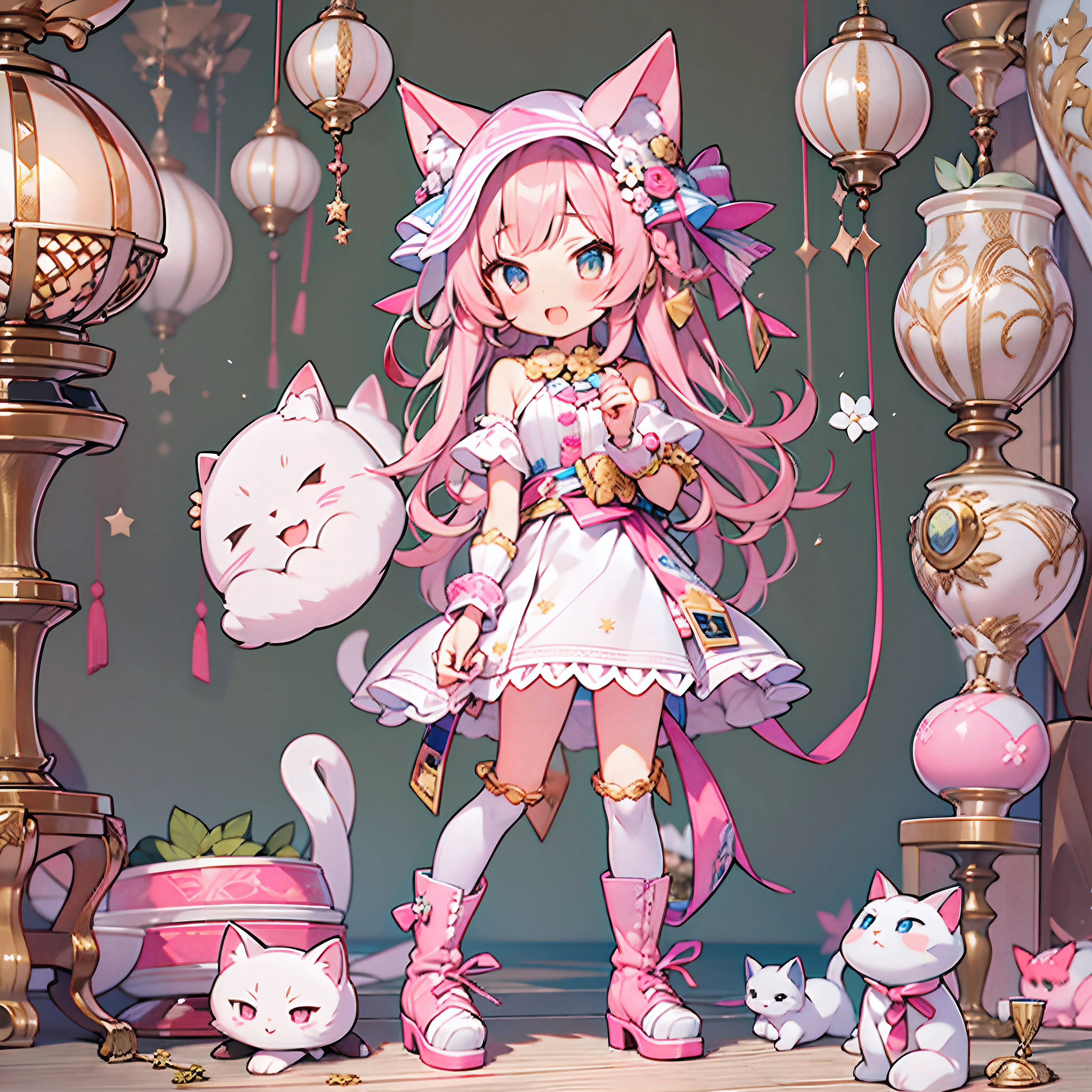 Cute girl with cat ears、(Alone 1.4)、Japan anime style、Moe、(Full Picture 2.0)、Authentic and highly detailed body、小柄、girl with、childish、ers old、length hair、bangss、A pink-haired、Authentic and highly detailed face、beautiful eyes that are authentic and highly detailed,、 Authentic and very delicate arms and hands、Authentic and highly detailed human hands(5 fingers)、The most beautiful girl in the world、Delicate and beautiful pink cat eyes、Authentic skin texture、komono、lolita、a miniskirt、(Authentic and highly detailed pink stockings 2.5)、(Authentic and highly detailed long boots 1.5)