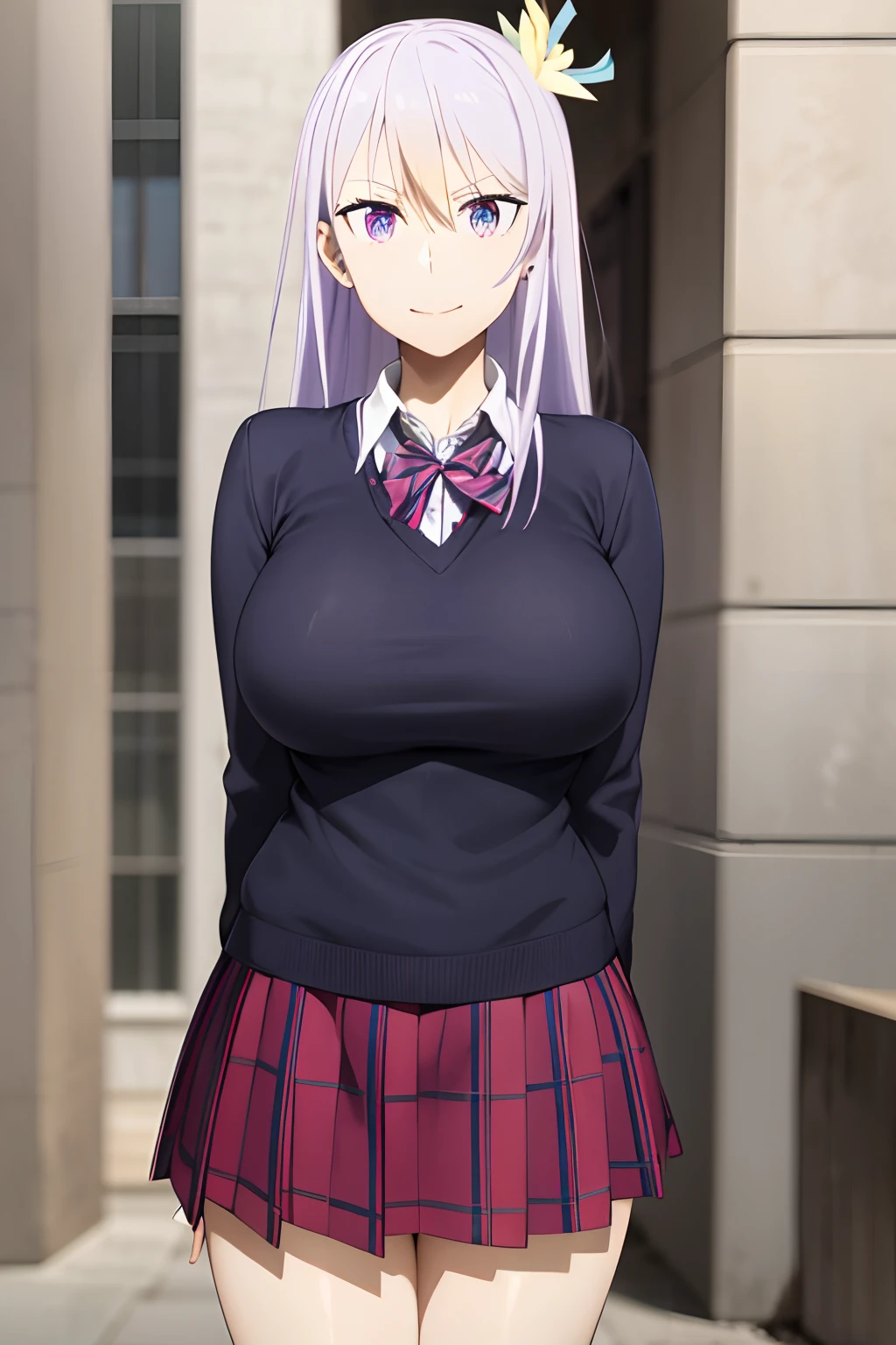 masterpiece, ((school uniform)), nectie, (best quality), skirt, (solo), 1girl, reona, silver hair, purple hair , long hair, purple eyes, sexy woman, hair between eyes, hair ornament, vibrant colors ,natural lighting, RTX, (huge tits), (detailed face:1.2), (perfect eyes:1.1) ,(photorealistic:1.1), 8k uhd, looking a viewer, outdoors, simple backround, smile,