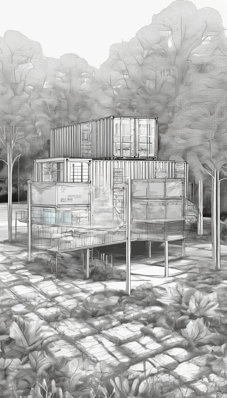 A series of shipping container buildings, each 40ft in length, single storey, one building is a plastics recycling workshop, the next building is a mushroom farm, the third is a biodigester, synchronized with the surrounding forest landscape, best quality, ultra-detailed,natural lighting, monochromatic color scheme, neutral tones, realistic:1.37, community garden boxes on the ground, solar arrays
