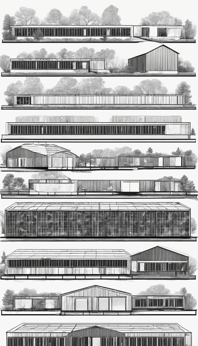 A series of shipping container buildings, each 40ft in length, single storey, one building is a plastics recycling workshop, the next building is a mushroom farm, the third is a biodigester, synchronized with the surrounding forest landscape, best quality, ultra-detailed,natural lighting, monochromatic color scheme, neutral tones, realistic:1.37, community garden boxes on the ground, solar arrays