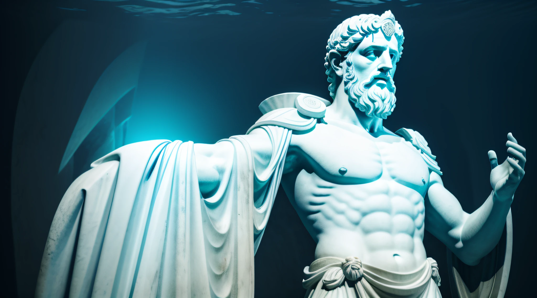 A realistic full-length Greek white marble statue of Marcus Aurelius the roman emperor, one statue only, wearing a ghostly tunic, very neutral background, Moody, photorealistic, cinematographic scene, super detailed, hyper realistic, bright lights, underwater scene, bottom of the ocean, weak flashes of light cross the water, blue color grade, blue color correction, low background luminosity, BEST QUALITY, 8K