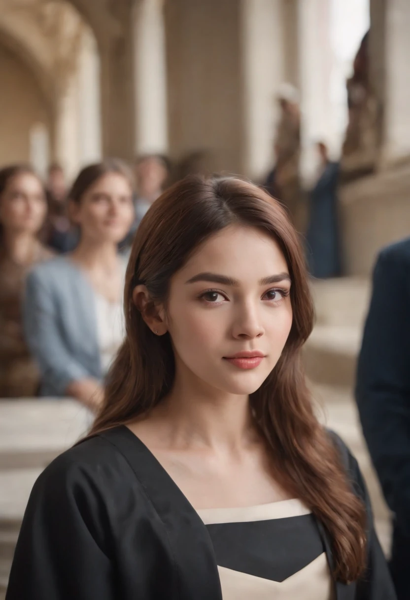 Cinematic portrait, (medium close up), facing the audience, (Reality :1.3), a woman looking into the camera, modern college gown and cap, professional students,  detailed beautiful faces, action shots, academy background, background blur, joyful atmosphere, photo realistic, CG, art station