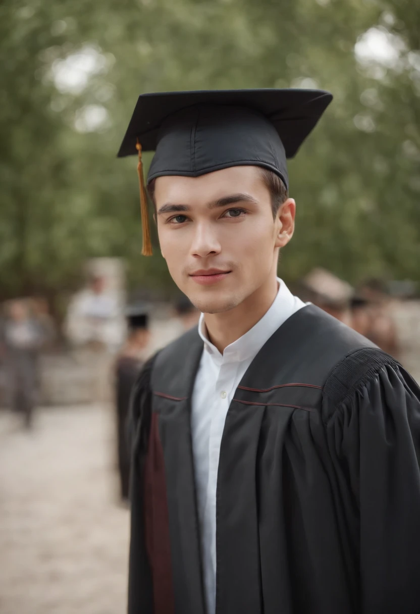 Cinematic portrait, (medium close up), facing the audience, (Reality :1.3), a man looking at the camera, modern college gown and cap, detailed beautiful faces, action shots, college background, graduation season, background blurred, joyful atmosphere, photo realistic, CG, Art Station