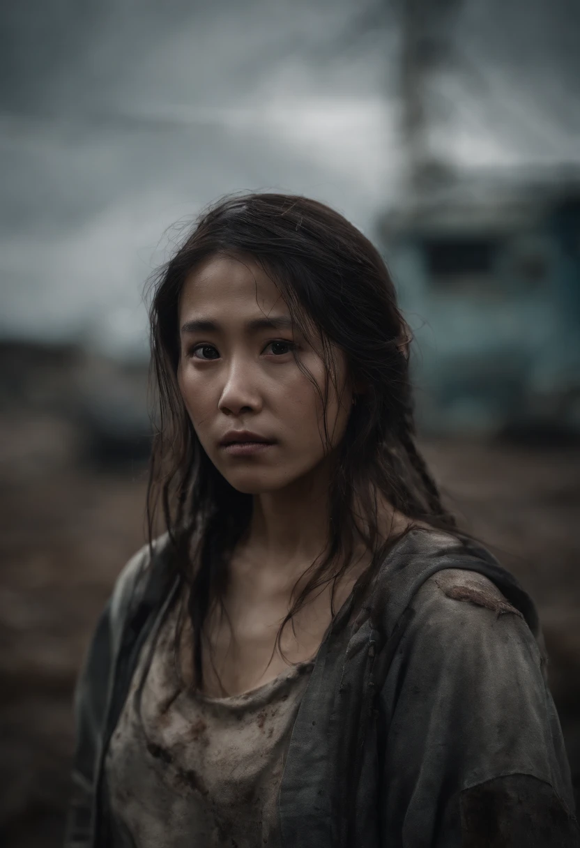 A breathtakingly beautiful girl, Radiant and charming eyes, Cold and intense, Long flowing hair, Sweaty body, Post-apocalyptic punk shirt, Short shorts, boot, Ultra photo realsisim, Realistic, best quality real texture skin, movie atmosphere, Tattered clothes, (Post-apocalyptic punk, Post-apocalyptic fiction), A post-apocalyptic world where buildings collapse, (blood stain), The art of Rei Kurahashi, Haunting and solemn, A beam of light shines through, Illuminate the gloomy environment, (Best quality, Masterpiece, Depth of field, Full-HD, 4K, Richness of detail), Portrait style,Upper body