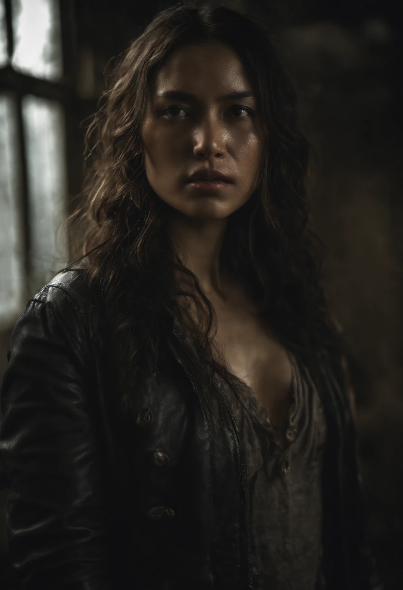 A breathtakingly beautiful girl, Radiant and charming eyes, Cold and intense, Long flowing hair, Sweaty body, Post-apocalyptic punk shirt, Short shorts, boot, Ultra photo realsisim, Realistic, best quality real texture skin, movie atmosphere, Tattered clothes, (Post-apocalyptic punk, Post-apocalyptic fiction), A post-apocalyptic world where buildings collapse, (blood stain), The art of Rei Kurahashi, Haunting and solemn, A beam of light shines through, Illuminate the gloomy environment, (Best quality, Masterpiece, Depth of field, Full-HD, 4K, Richness of detail), Portrait style,Upper body