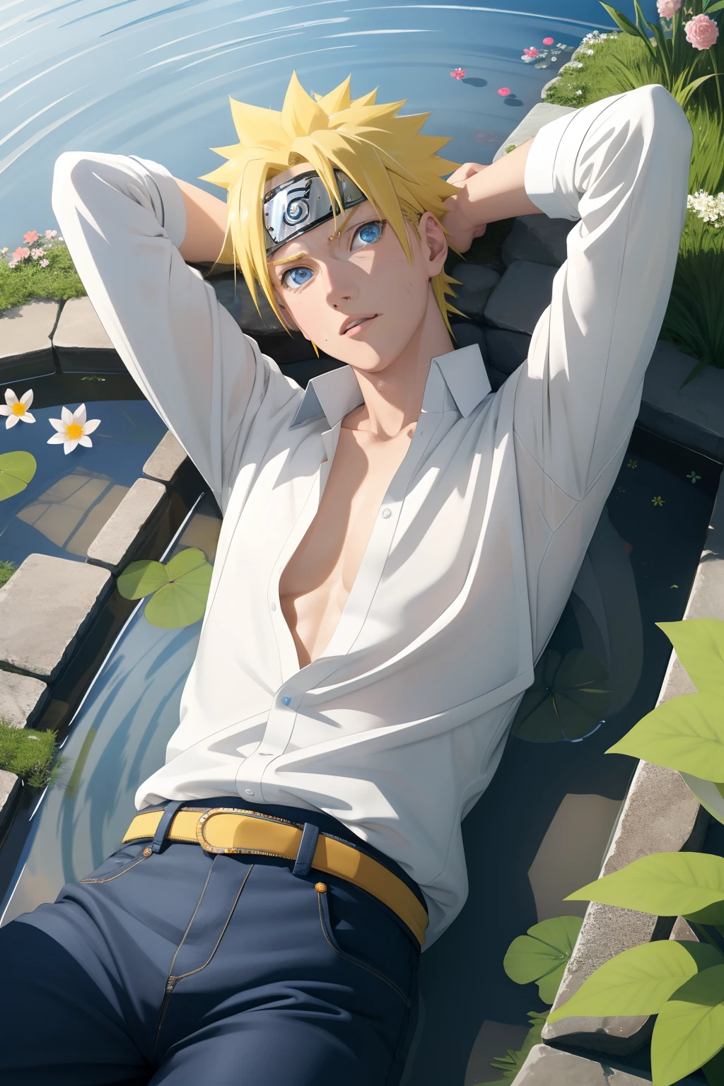 masterpiece, best quality, 1 male, adult, handsome, tall muscular guy, broad shoulders, finely detailed eyes and detailed face, extremely detailed CG unity 8k wallpaper, intricate details, The pond is filled with colorful flowers, A man lying on back comfortably in it, from directly above, white shirt, jeans, wet, colorful, artistic, depth of field, yellow hair, blue eyes, Uzumaki Naruto