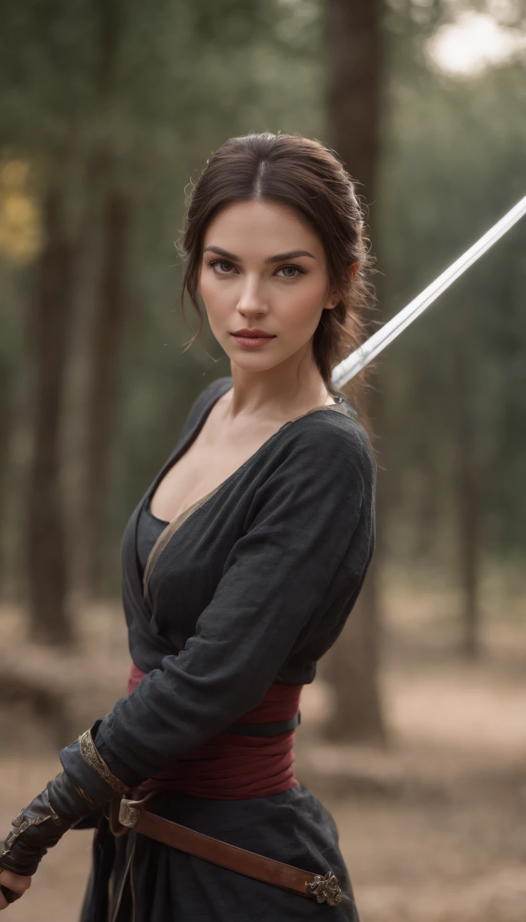 Self-portrait of a woman, ighly detailed, best qualtiy, Match with ninja costume, (((Equipped with a sword))),  ighly detailed, As Sasha Street. (8K, Superior Quality, best qualtiy, tmasterpiece, ighly detailed: 1.2), (((Low arm posture, Both hands are lowered)))