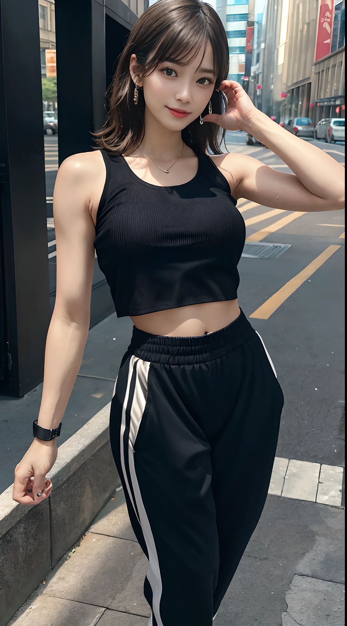 Full Experience Close-up(best quality, 16k, highres, masterpiece:1.2),ultra-detailed, realistic:1.37), portrait, the most beautiful woman in the world, Full-length dancer drawing, tight-fitting combination of short crop tops and baggy pants for smooth movement, click dance, beep quick movement, low-cut and lightweight shoes, sweat protection wristband accessories, 2023 trend stylish 170 tall,a popular deodorant with a refreshing image, standing on one's feet with a snap,
