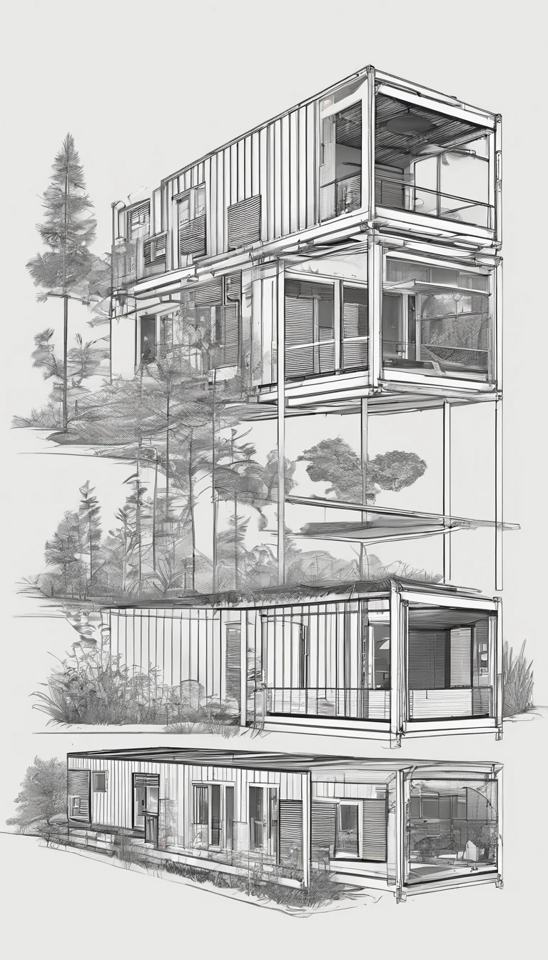 A series of shipping container buildings, each not connected,each 40ft in length, single storey, one building is a plastics recycling workshop, the next building is a mushroom farm, the third is a biodigester, synchronized with the surrounding forest landscape, best quality, ultra-detailed,natural lighting, monochromatic color scheme, neutral tones, realistic:1.37, community garden boxes on the ground, solar arrays