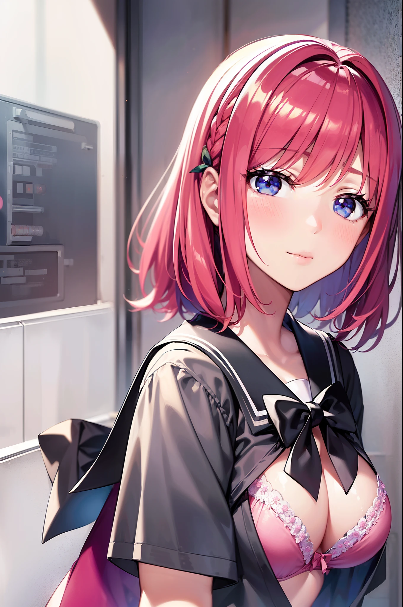 (((hi-school girl))), ((校服)), ((pink  bra)), hair adornments, Red hair, bobhair, The highest image quality, hightquality, high detailing, 超A high resolution, 8K, depth of fields, Cinematography, intricate detailes, Elaborate, meticulous, Magnificent, Maximum Detail, Extreme beauty