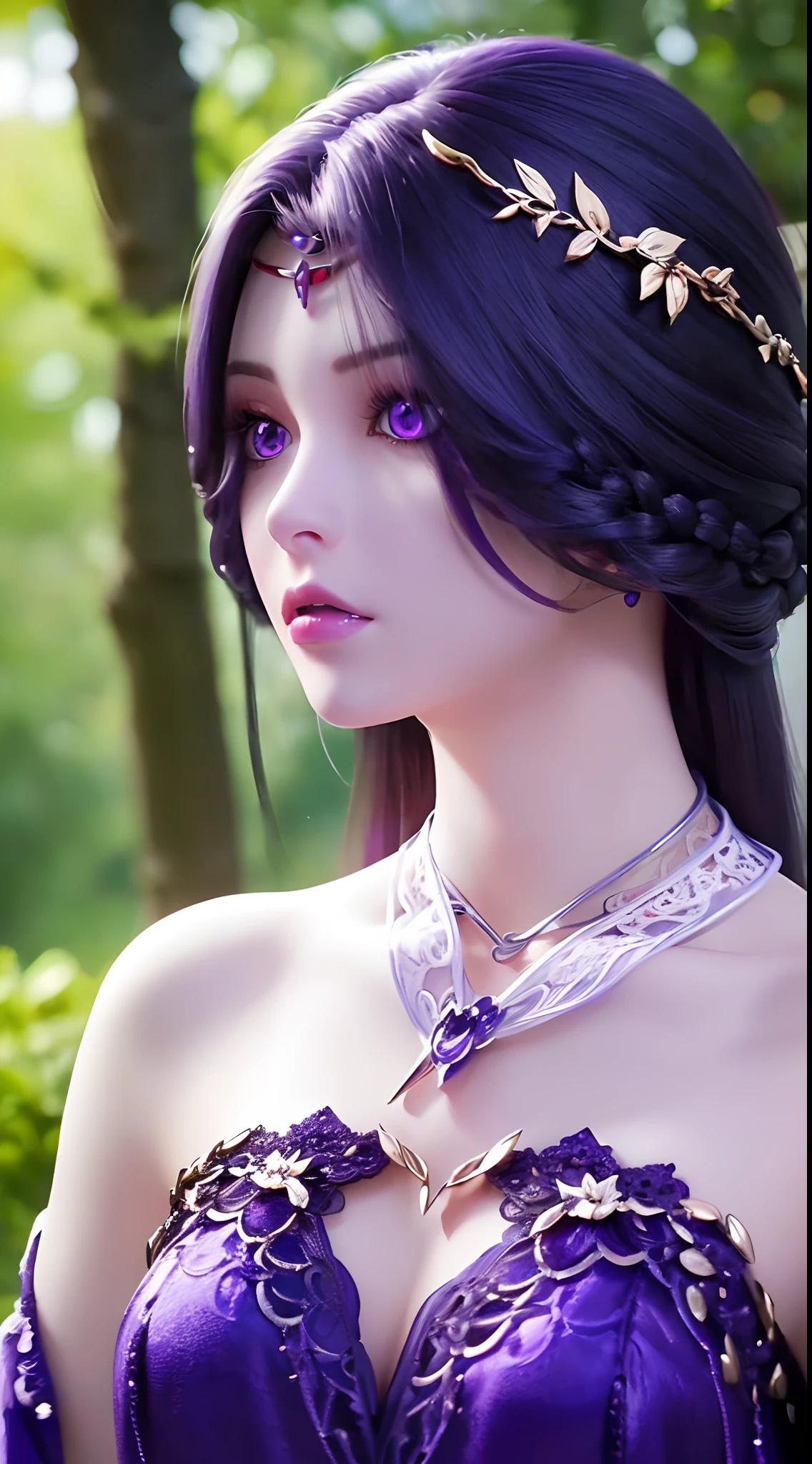 A beautiful and sexy 20 year old girl, extremely sexy girl in a small purple bustier camisole, purple silk camisole with sexy lace trim, long purple hair and bangs, hair jewelry most detailed and beautiful, ((wearing purple lace necklace:1.6)), Super cute little face, extremely pretty face, sparse eyebrows, beautiful and flawless face, ((black eye pupils:0.8 )), very beautiful eyes, ((purple eyes:1.4)), beautiful makeup and detailed eyelashes, high nose, earrings, red lips, ((closed mouth:1;5)) beautiful lips , slim arms, Most beautiful thighs, ((2 arms reaching out to the sides: 1.5)), healthy limbs, rosy face, clean face, flawless beautiful face, skin smooth white, (big breasts: 1.5)), Plump breasts, beautiful cleavage, ((big and super round breasts: 1.8)), ((super tight breasts: 1.4)) , ((breast augmentation: 1.6)), beautiful breasts, 2 hands behind her back, beautiful girl's upper body, 8k photo, super high quality, super realistic, 10x super pixel, real photo, dark studio, light edges, two-tone light color, (dark skin high detail: 1.2), ultra 8k, soft light, high quality, volumetric light, realistic, Photo, high resolution, light, best photo, 4k quality, 8k, blur effect, Smooth and sharp, 10x pixels, (galaxy: 1.7), aurora, lightning, surreal graphics, most realistic graphics, alone, solo, Extremely sharp, surreal images, ((portrait face to face :1.5))."