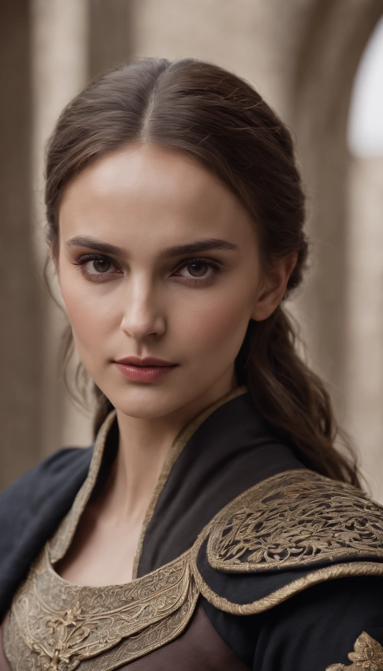 Self-portrait of a woman,The face resembles Natalie Portman、Natalie portman、 ighly detailed, best qualtiy, Match with ninja costume, (((Equipped with a sword))), ighly detailed, As Sasha Street. (8K, Superior Quality, best qualtiy, tmasterpiece, ighly detailed: 1.2), (((Low arm posture, Both hands are lowered)))