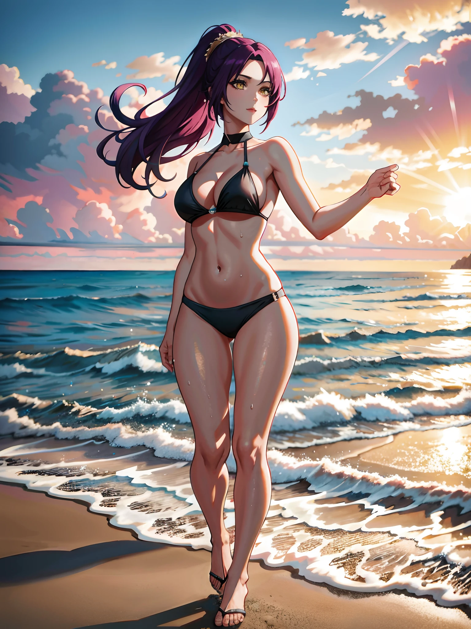 1girl, beautiful face, perfect face, (detailed face:1.5), purple hair, beautiful ponytail hair, beautiful eyes, yellow eyes, black bikini, perfect boobs, (full body in frame), beautiful beach, (beach background), perfect sand, photorealistic sea side, (photography, masterpiece), (masterpiece:1.5), (high resolution:1.5), absurdres, extreme detail on subject, high quality, highres, extreme details, realistic, realistic Lighting, directional lighting, best dynamic range, best_quality, (best resolution:1.5), (ultra high res, 4k resolution,)
