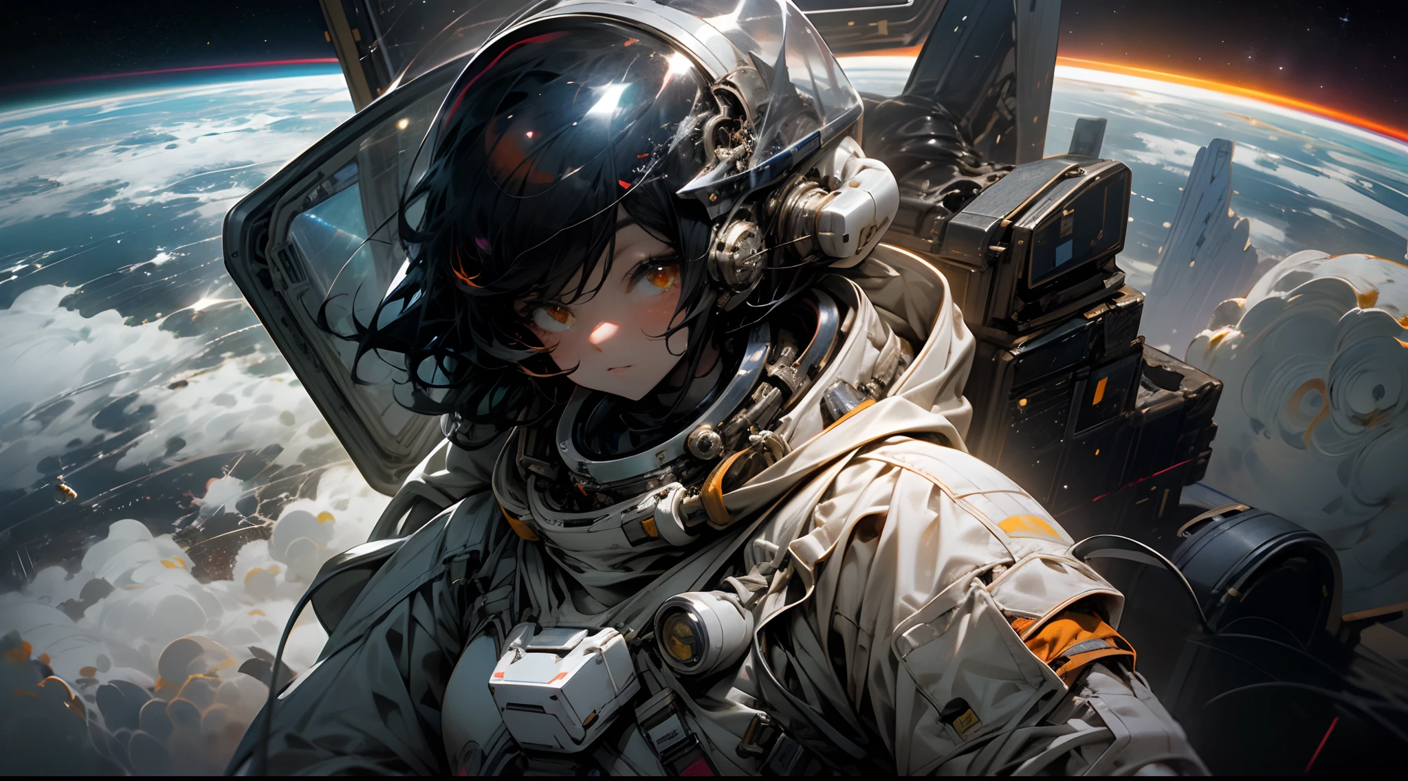 Astronaut girl, Astronaut helmet, In space, planet earth, Mards, stars, Upper body, top to bottom, 1girll, Solo, Floating in space, astronaut suits, Big orange eyes, Black hair, The landscape of the earth, Detailed background, beautiful space, Colorful,