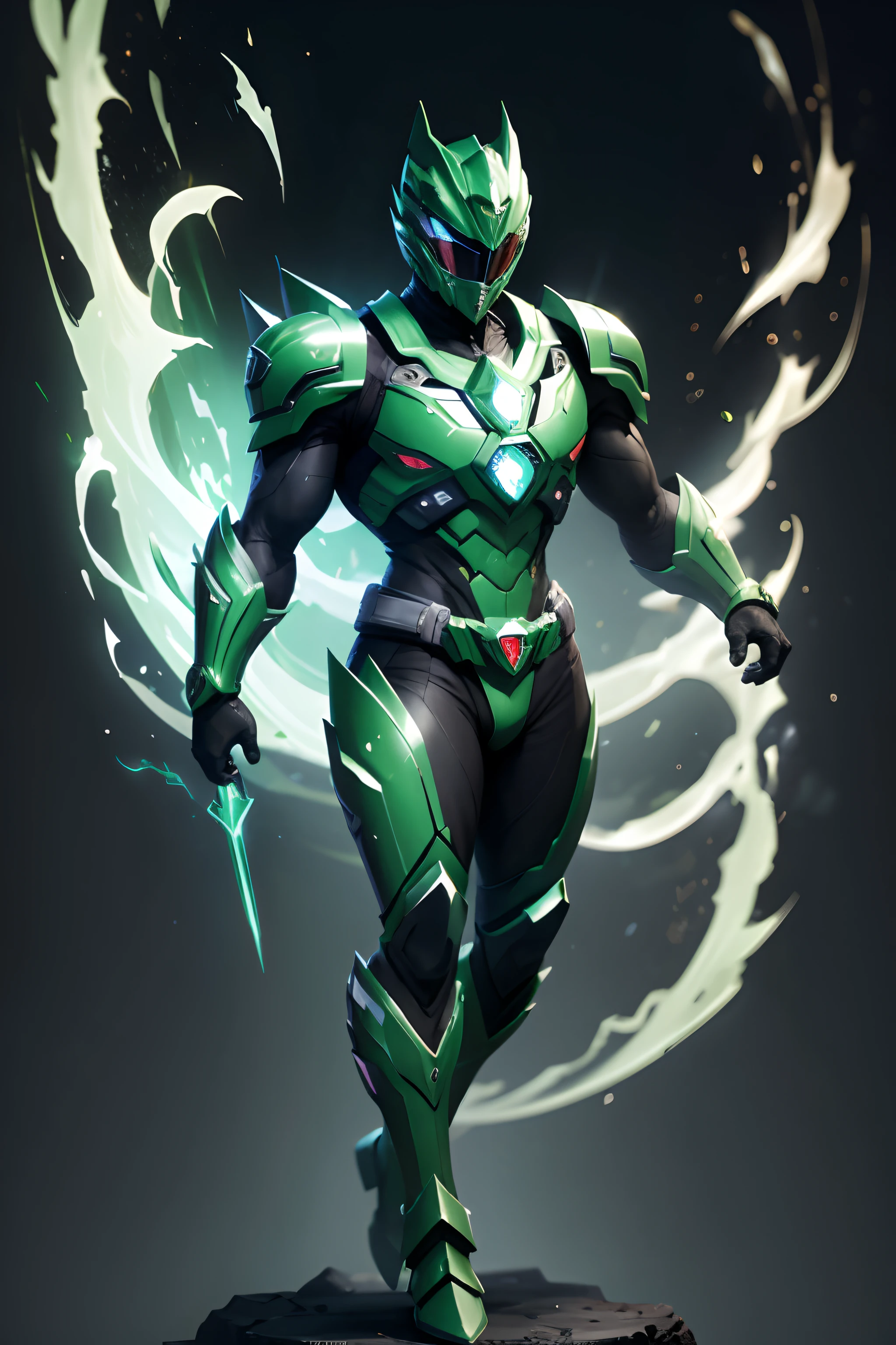 create a green power ranger , full body , mythic , black background ,a bit ancient theme