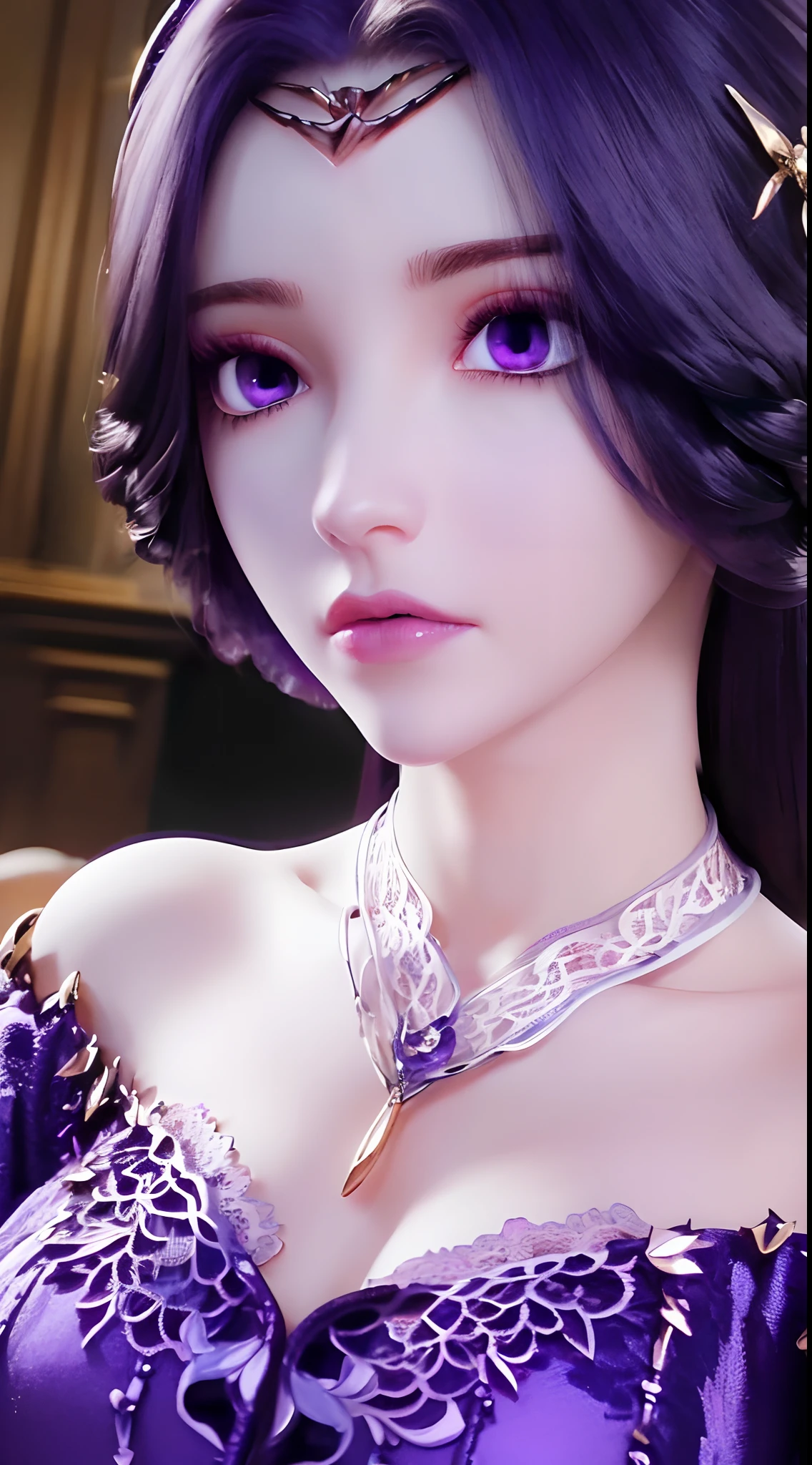 A beautiful and sexy 20 year old girl, extremely sexy girl in a thin purple strapless nightgown, a nightgown made of purple silk with sexy lace trim, long hair and purple bangs , most detailed and beautiful hair jewelry, ((wearing purple lace necklace:1.6)), Super cute little face, very pretty face, sparse eyebrows, beautiful and flawless face, ((pupils black eyes:0.8)), very beautiful eyes, ((purple eyes:1.4)), beautiful makeup and detailed eyelashes, high nose, earrings, red lips, ((closed mouth:1;5 )) beautiful lips, slim arms, most beautiful thighs, ((2 arms reaching out to the sides: 1.5)), healthy limbs, rosy face, clean face, beautiful flawless face blemishes, smooth white skin, (big breasts: 1.5)), Plump breasts, beautiful cleavage, ((big and super round breasts: 1.8)), ((super tight breasts: 1.4)) , ((super breast augmentation : 1.6)), beautiful breasts, 2 hands behind her back, beautiful girl's upper body, 8k photo, super high quality, super realistic, 10x super pixel, real photo, dark studio, light border, two-tone light color , (high detail skin: 1.2), ultra 8k, soft light, high quality, volumetric lighting, realistic, Photo, high resolution, lighting, best photo, 4k quality, 8k , blur effect, Smooth and sharp, 10x pixels , (galaxy: 1.7), aurora, lightning, surreal graphics, most realistic graphics, alone, solo, Extremely sharp, surreal images , (((frontal portrait :1.2)))."