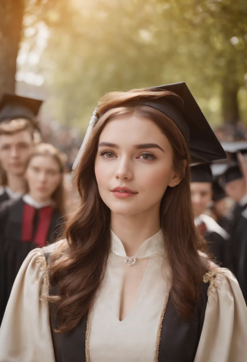 Cinematic portrait, (medium close up), facing the audience, (Reality :1.3), a woman looking at the camera, modern college gown and cap, detailed beautiful faces, action shots, college background, graduation season, background blurred, joyful atmosphere, photo realistic, CG, Art Station