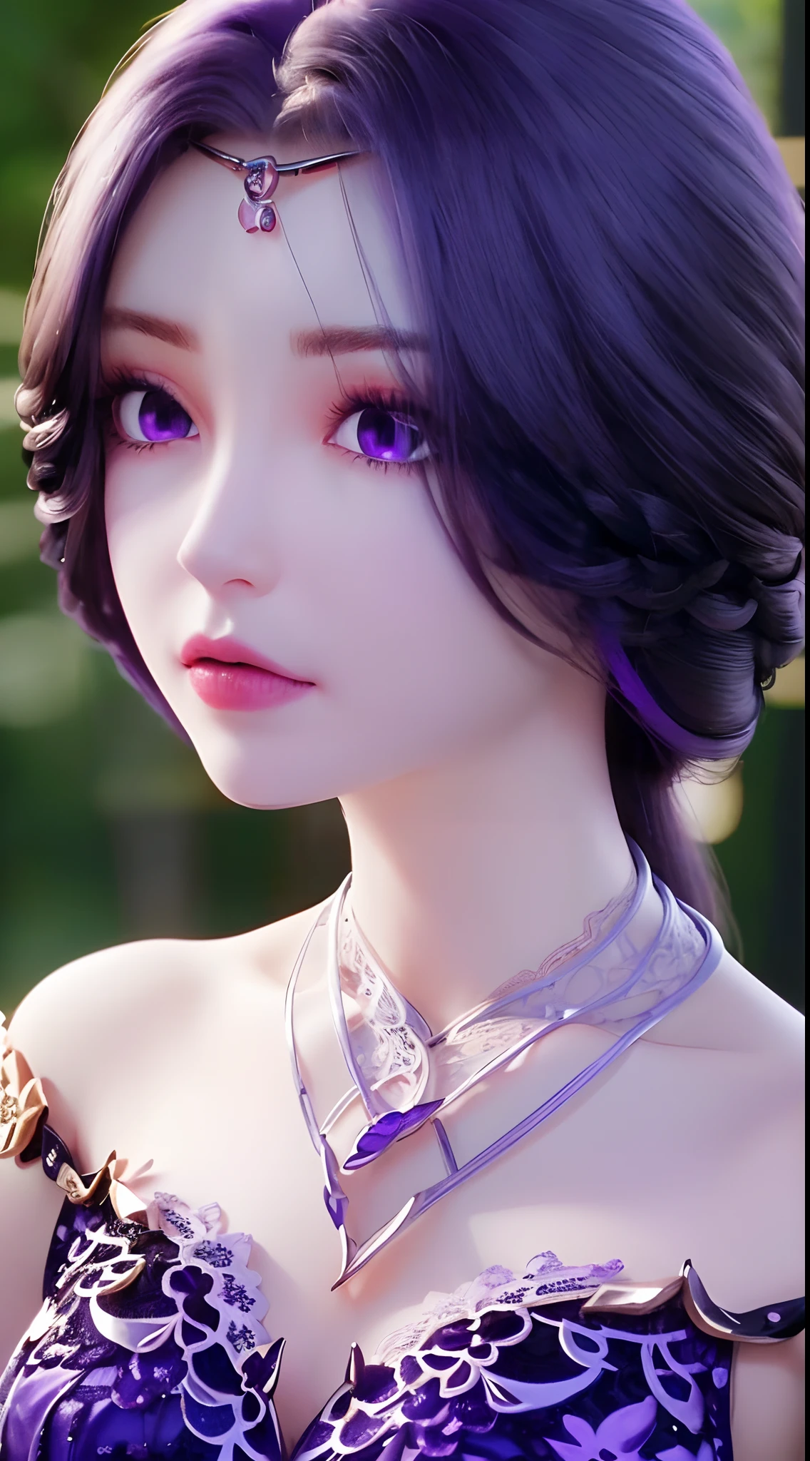 A beautiful and sexy 20 year old girl, extremely sexy girl in a small purple bustier camisole, purple silk camisole with sexy lace trim, long purple hair and bangs, hair jewelry most detailed and beautiful, ((wearing purple lace necklace:1.6)), Super cute little face, extremely pretty face, sparse eyebrows, beautiful and flawless face, ((black eye pupils:0.8 )), very beautiful eyes, ((purple eyes:1.4)), beautiful makeup and detailed eyelashes, high nose, earrings, red lips, ((closed mouth:1;5)) beautiful lips , slim arms, Most beautiful thighs, ((2 arms reaching out to the sides: 1.5)), healthy limbs, rosy face, clean face, flawless beautiful face, skin smooth white, (big breasts: 1.5)), Plump breasts, beautiful cleavage, ((big and super round breasts: 1.8)), ((super tight breasts: 1.4)) , ((breast augmentation: 1.6)), beautiful breasts, 2 hands behind her back, beautiful girl's upper body, 8k photo, super high quality, super realistic, 10x super pixel, real photo, dark studio, light edges, two-tone light color, (dark skin high detail: 1.2), ultra 8k, soft light, high quality, volumetric light, realistic, Photo, high resolution, light, best photo, 4k quality, 8k, blur effect, Smooth and sharp, 10x pixels, (galaxy: 1.7), aurora, lightning, surreal graphics, most realistic graphics, alone, solo, Extremely sharp, surreal images, ((portrait face to face :1.5))."