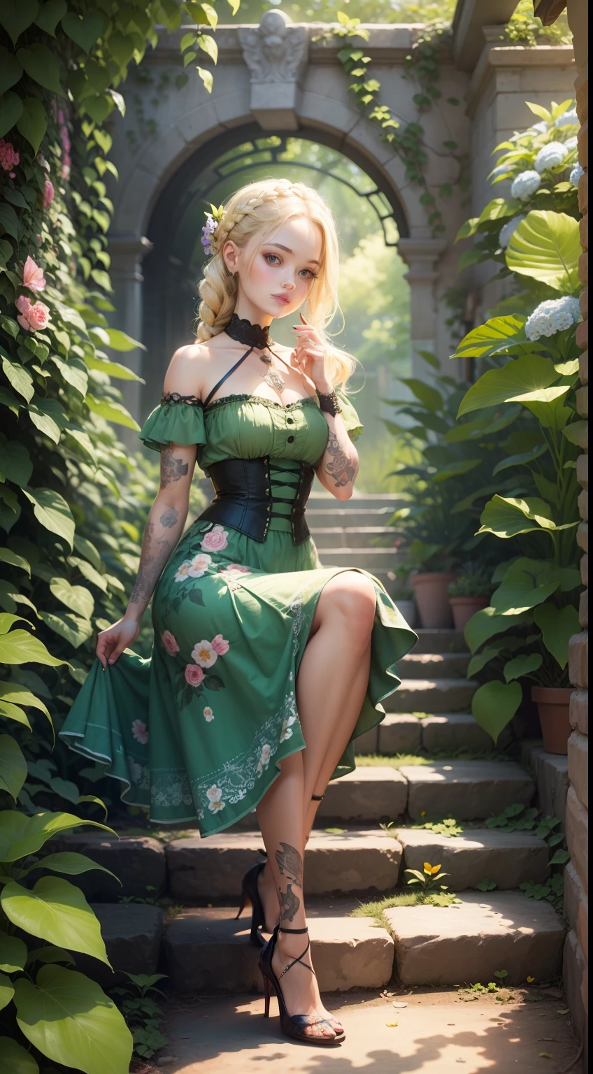 girl in a garden,illustration,green foliage,peaceful atmosphere,butterflies,detailed flowers,blonde girl with a French braid wearing high heels,tattooed girl with intricate designs,bright sunlight,soft shadows,ultra-detailed,photorealistic,vibrant colors,studio lighting