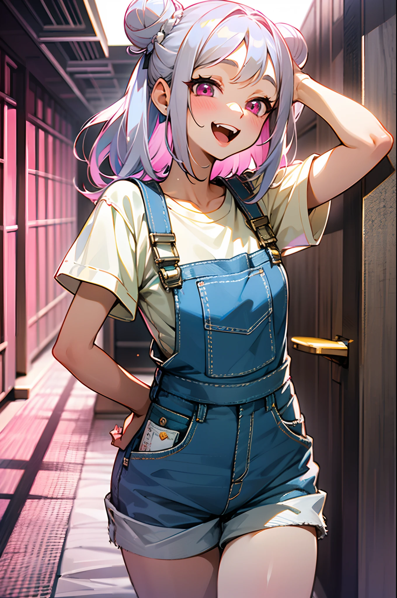 Otaru Girl、18year old、Silvery hair、Bun、Pink eyes、white t-shirts、 overalls、shortpants、full of shyness、half laugh、frombelow