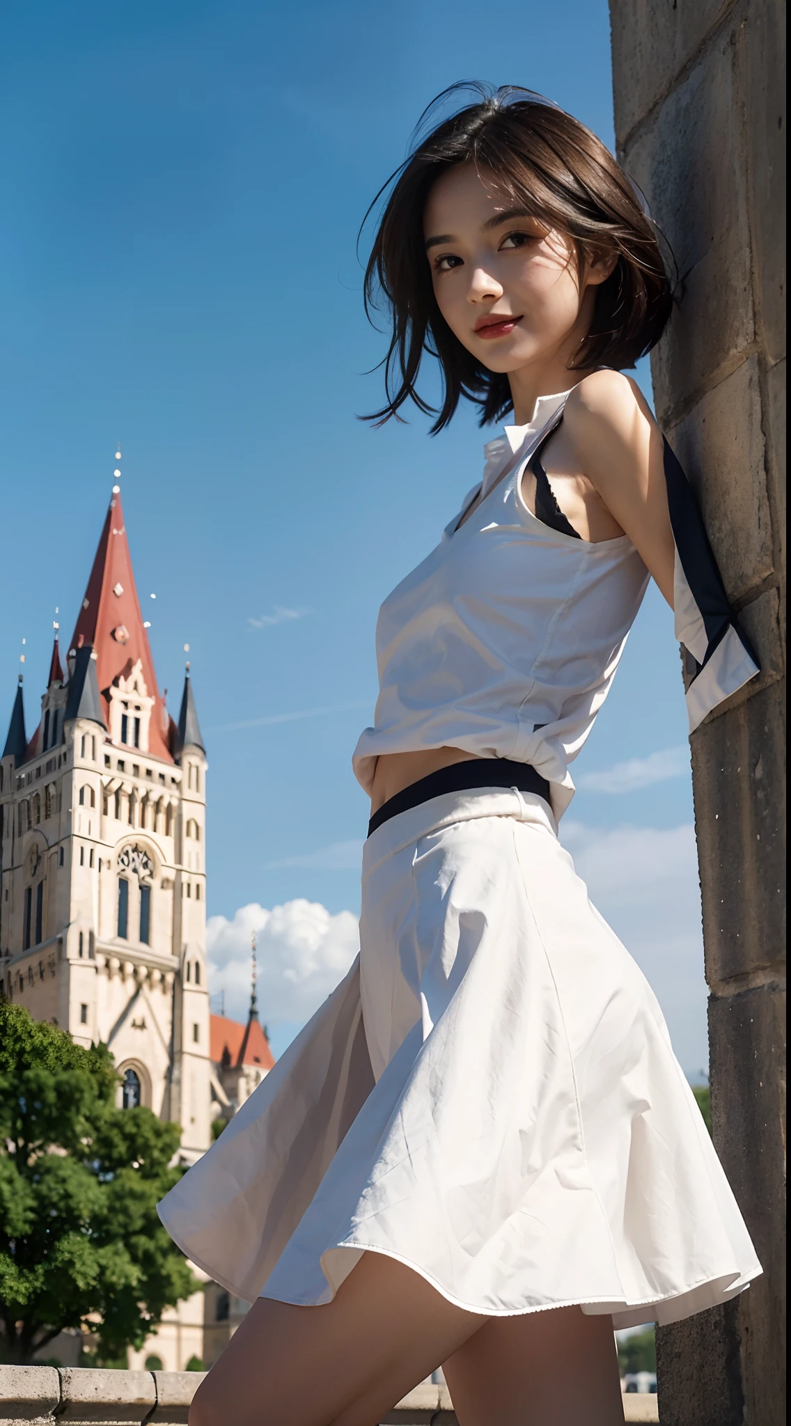 ((Small underboob)), (shoulder length straight black short hair: 1.2), （Extremely meticulous CG 8k wallpaper），（Extremely refined and beautiful），（Masterpiece），（best qualtiy：1.0），（Ultra High Resolution：1.0），beautiful light up，Perfect lightning，realistic shaded，[A high resolution]，Smooth and flawless fair skin，Extremely exquisite facial details，（perfect body：1.1），ultra - detailed，A beautiful girl，small head，(Small breasts:1.1)，Flat chests，slim，thin，Smile，cheerfulness，（white collared long sleeved shirt:1.1），（Maxi Red Horse Face Skirt：1.1），White crystal high heels，Summer，Daytime Scene,azure and clear sky，white clouds，In Budapest，in castle，On the high tower of the castle，Standing，Below the castle is a classical European town，Close Shot，Hair and skirt fluttering in the wind