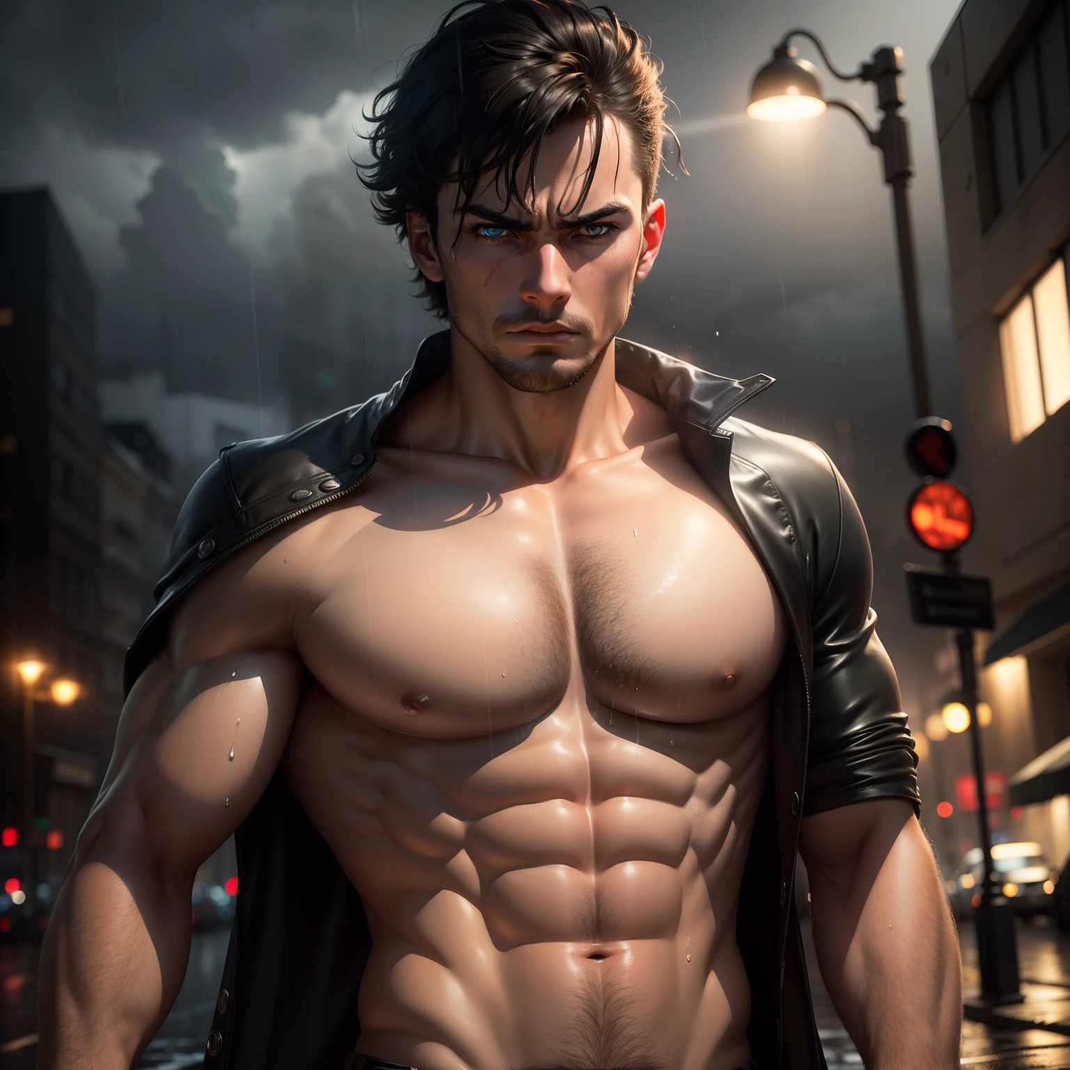 (best quality,4k,8k,highres,masterpiece:1.2),ultra-detailed,(realistic,photorealistic,photo-realistic:1.37),dark rainy night,angry atmosphere,loneliness,one person, a young man, detailed eyes, captivating gaze, perfect face, raindrops, wet pavement, dimly lit street, urban scenery, intense emotion, pouring rain, thunderstorm, dynamic lighting, dramatic contrast, moody atmosphere