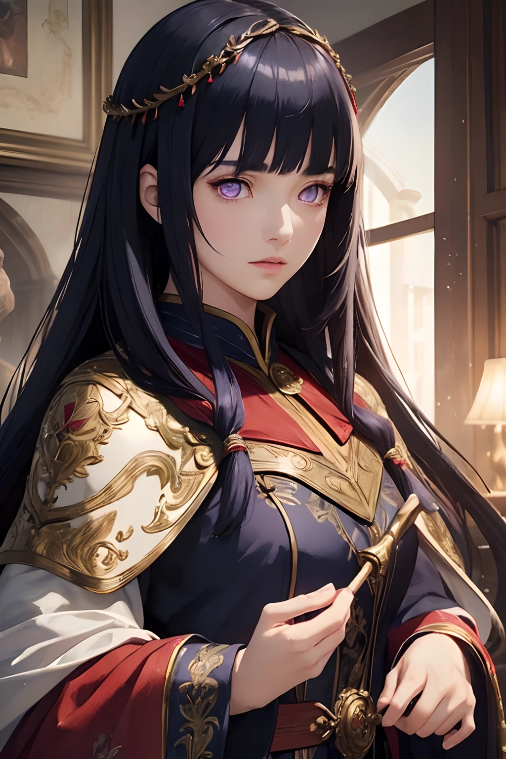 ((masterpiece))), (((best quality))), ((ultra-detailed)), (hyperrealistic), (highly detailed CG illustration), cinematic light, photorealistic ,extremely beautiful young lady, light makeup, long dark blue hair, Blunt Bangs, purple eyes, intricate detailed eaba, red cape, spear