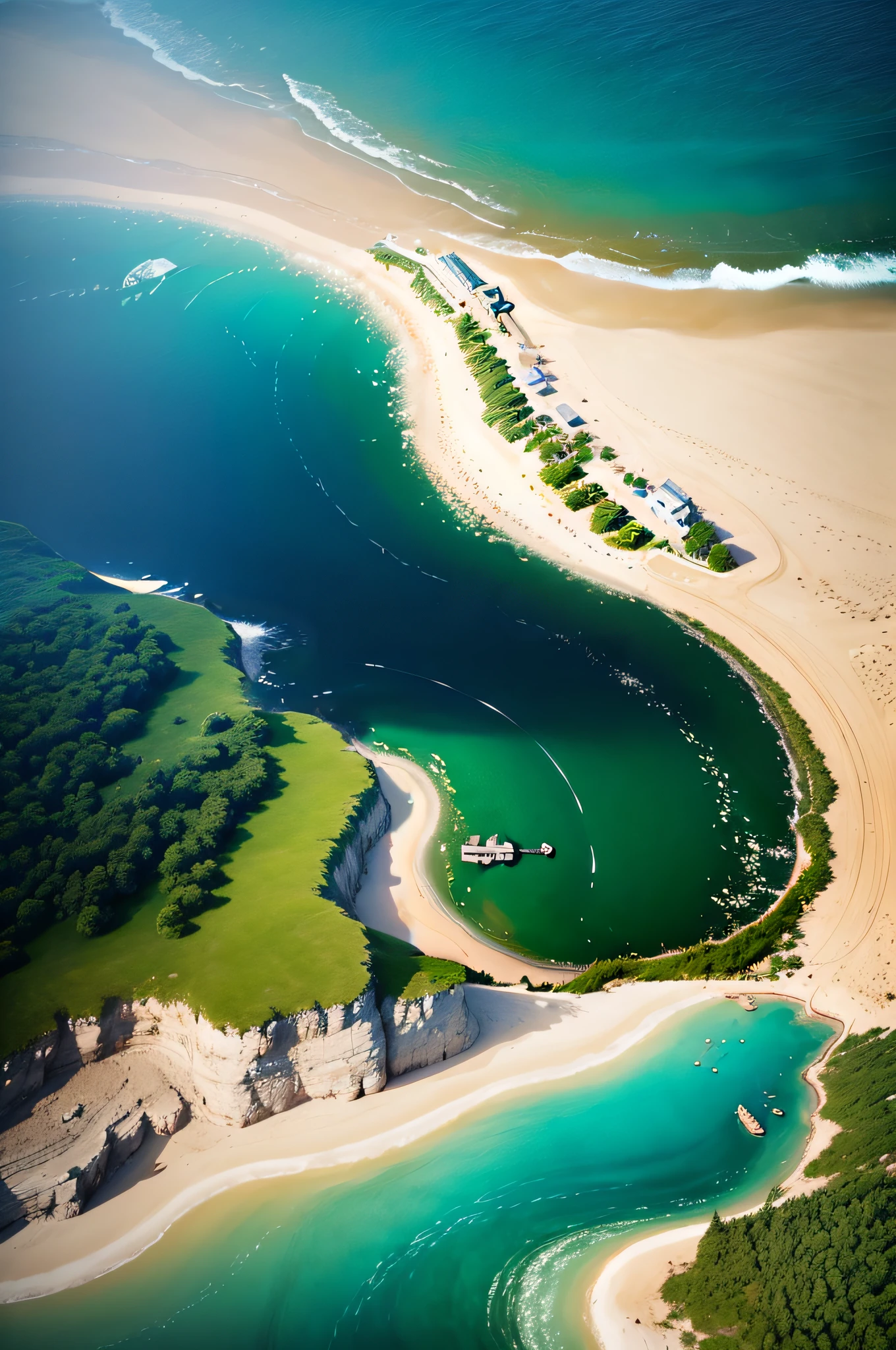 Element of water, beautiful calm ocean, golden sand and green grass all around, clear sky, sun, calm atmosphere, nice still from the film, Paul Zizka, beautiful Fantasyland, 8k