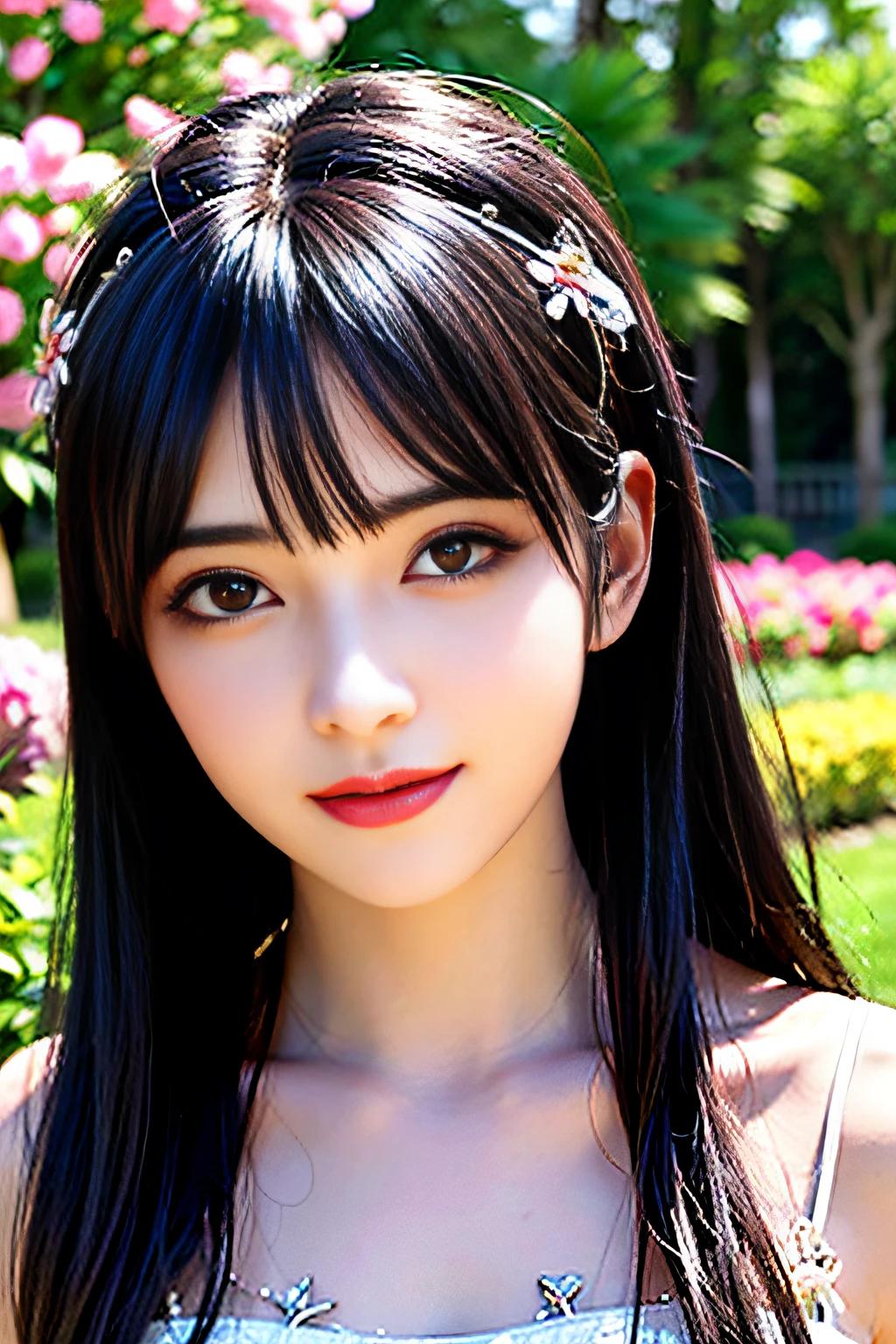 beautiful detailed eyes, beautiful detailed lips, long eyelashes, youthful appearance, trendy hairstyle, confident posture, surrounded by blooming flowers in a vibrant garden, warm sunlight shining down, joyful expression, lively atmosphere, high-resolution portrait, vivid colors, bokeh, professional photography