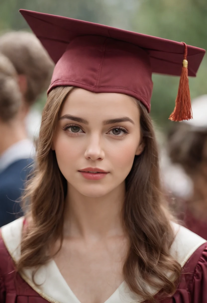 Cinematic portrait, (medium close up), facing the audience, (Reality :1.3), a woman looking at the camera, modern college gown and cap, detailed beautiful faces, action shots, college background, graduation season, background blurred, joyful atmosphere, photo realistic, CG, Art Station