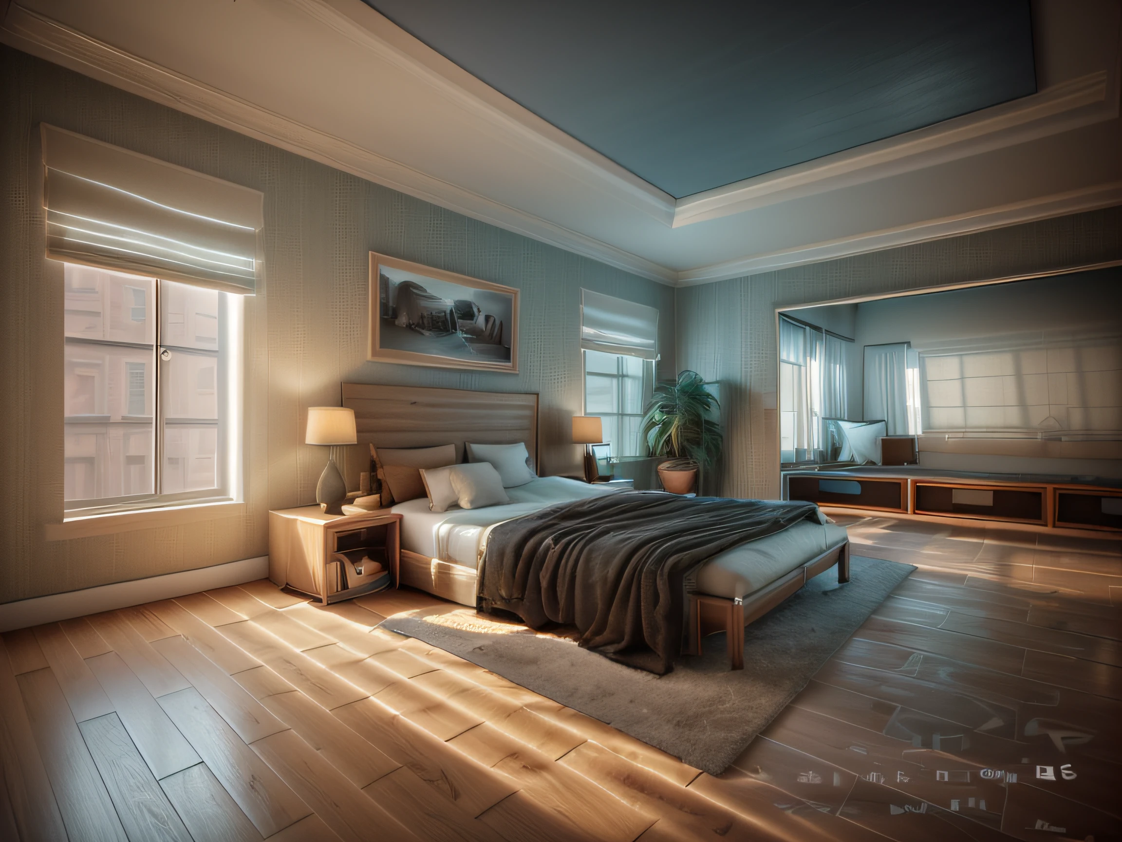 a bedroom, luxury hd render, dim bedroom, dark and modern, dark wooden floor, white plaster ceiling, There are ceiling lights, The wall uses white and blue striped wallpaper, Glass windows with white curtains, There are potted green plants in the room, serene bedroom setting, vray 8k render, 8k vray render, with vray, high-quality render, high quality 3 d render, high quality 3d render, vray render