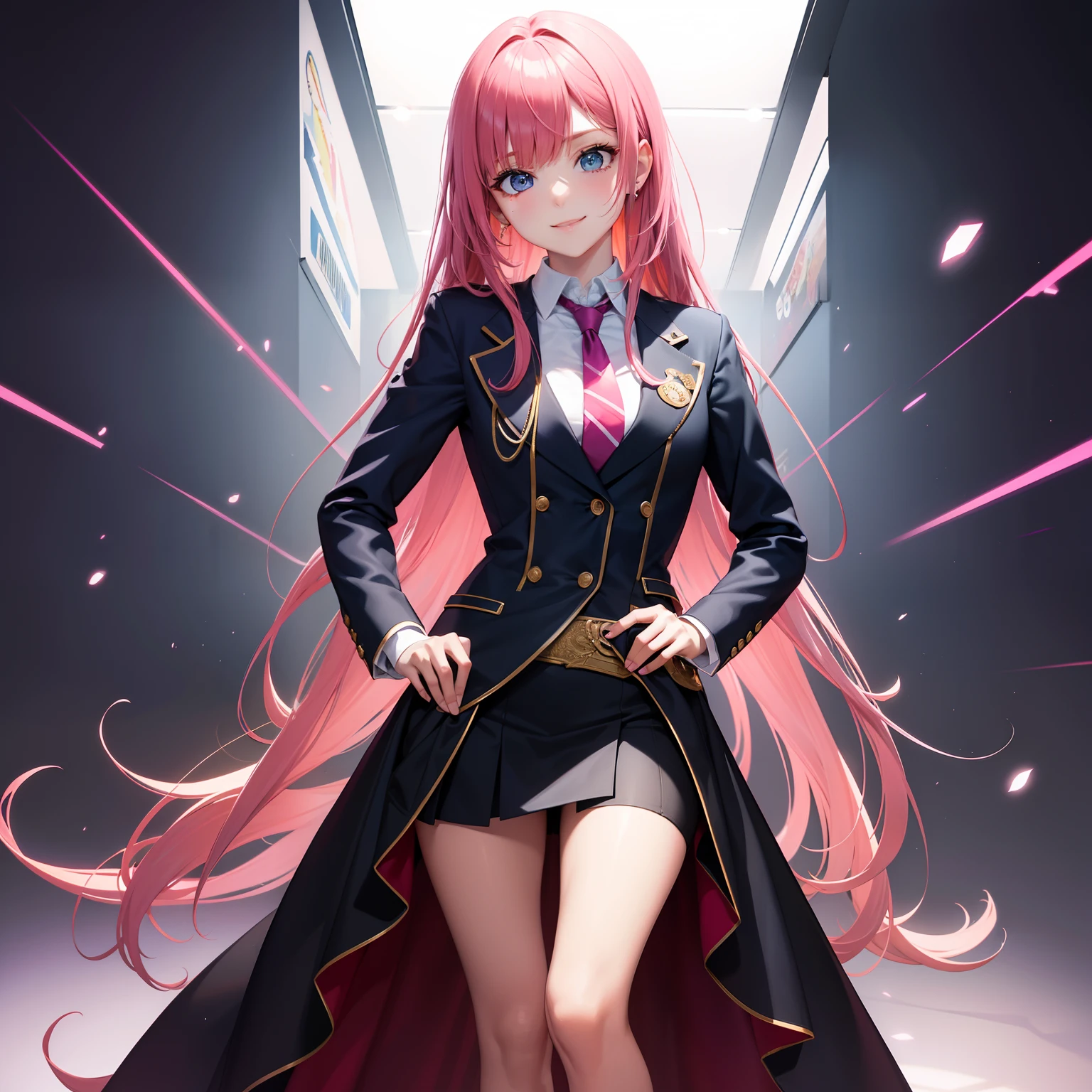 full body Esbian, masutepiece: 1.2, Highest Quality), (Live-action, elaborate details), (1 Lady, Solo, Upper body,) Clothing: Edgy, Navy Blazer, pink miniskirt, High School Uniform , Avant-garde, Experimental appearance: Long pink hair Location: School, crass room, Solo, Nice smile, spark of light, Creating the Value of Mixed Media Art: individuality, authenticity, Creative expression
