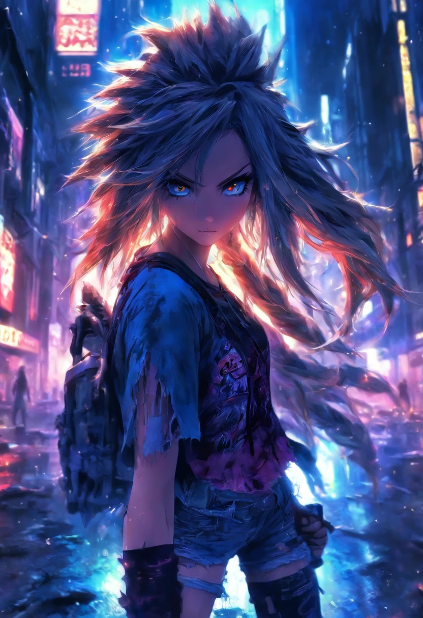 A breathtakingly beautiful girl, Radiant and charming eyes, Cold and intense, Long flowing hair, Sweaty body, Post-apocalyptic punk shirt, Short shorts, boot, Ultra photo realsisim, Realistic, best quality real texture skin, movie atmosphere, Tattered clothes, (Post-apocalyptic punk, Post-apocalyptic fiction), A post-apocalyptic world where buildings collapse, (blood stain), The art of Rei Kurahashi, Haunting and solemn, A beam of light shines through, Illuminate the gloomy environment, (Best quality, Masterpiece, Depth of field, Full-HD, 4K, Richness of detail), Portrait style,Upper body
