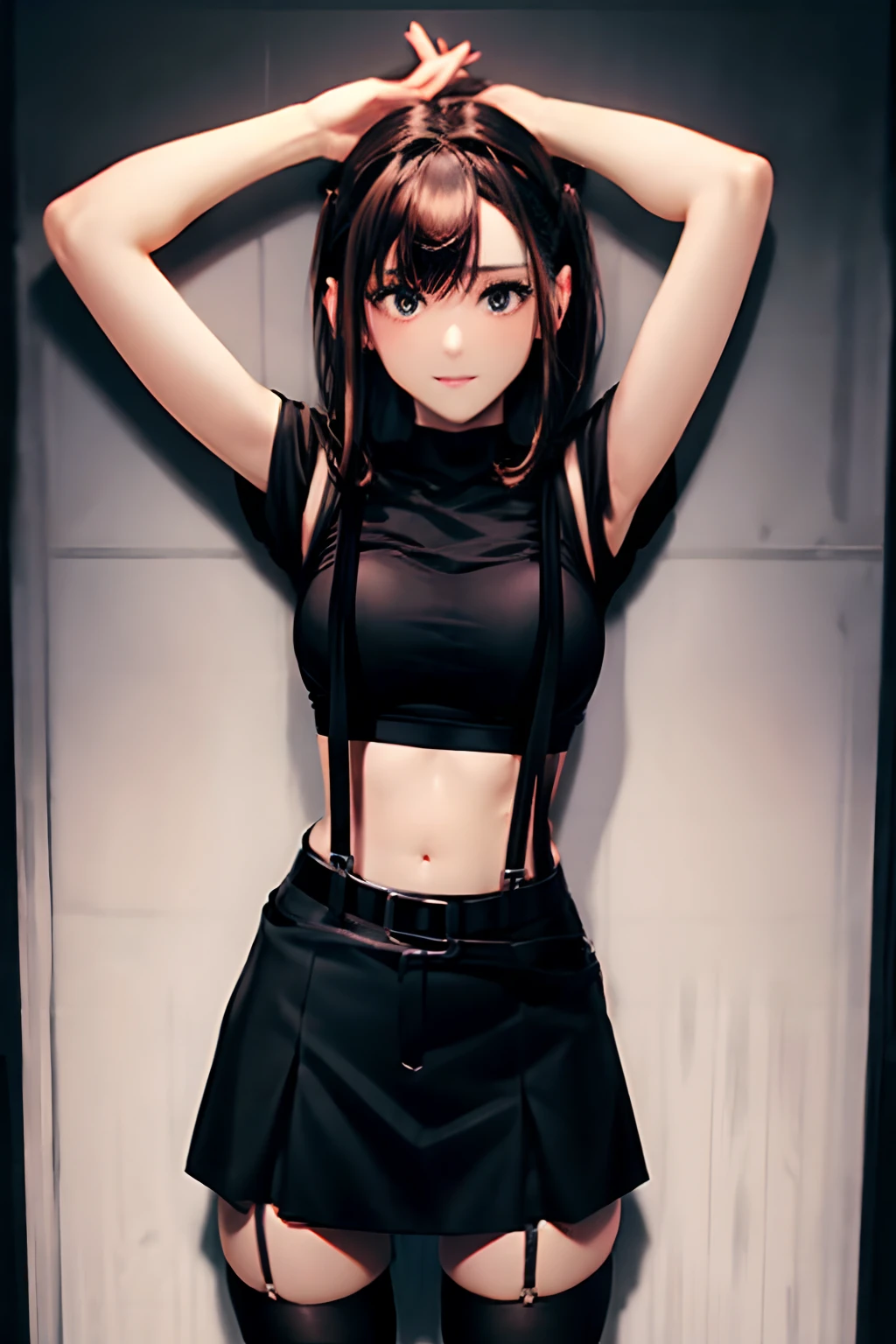 Black skirt, suspenders, Brown hair Gray eyes, Garter belt on the legs, Tight black clothes, a belt Armpit sweat Dark look Moderately breasts holster chain poneyTail