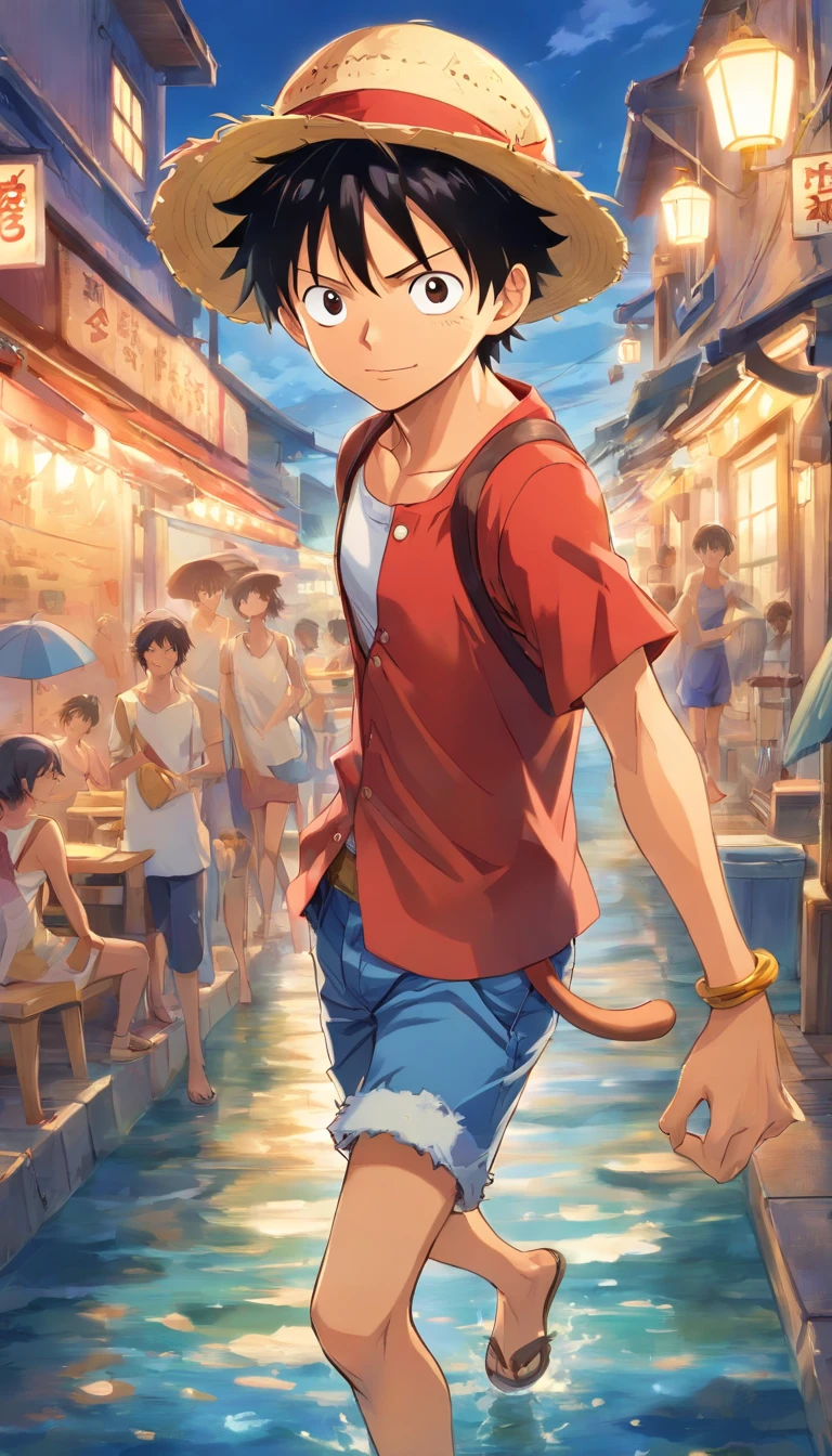 Detailed illustration of Monkey D. Luffy, Town, marine.