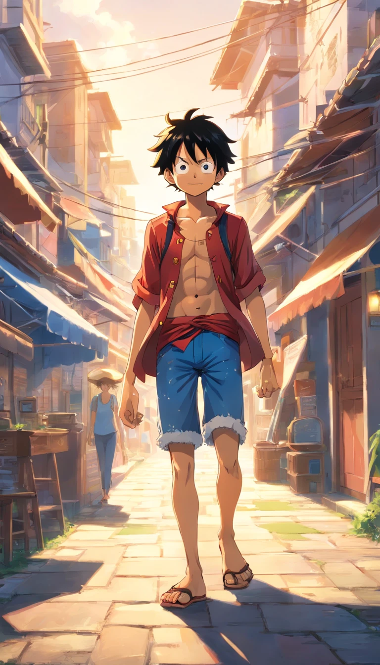 Detailed illustration of Monkey D. Luffy, Town, marine.