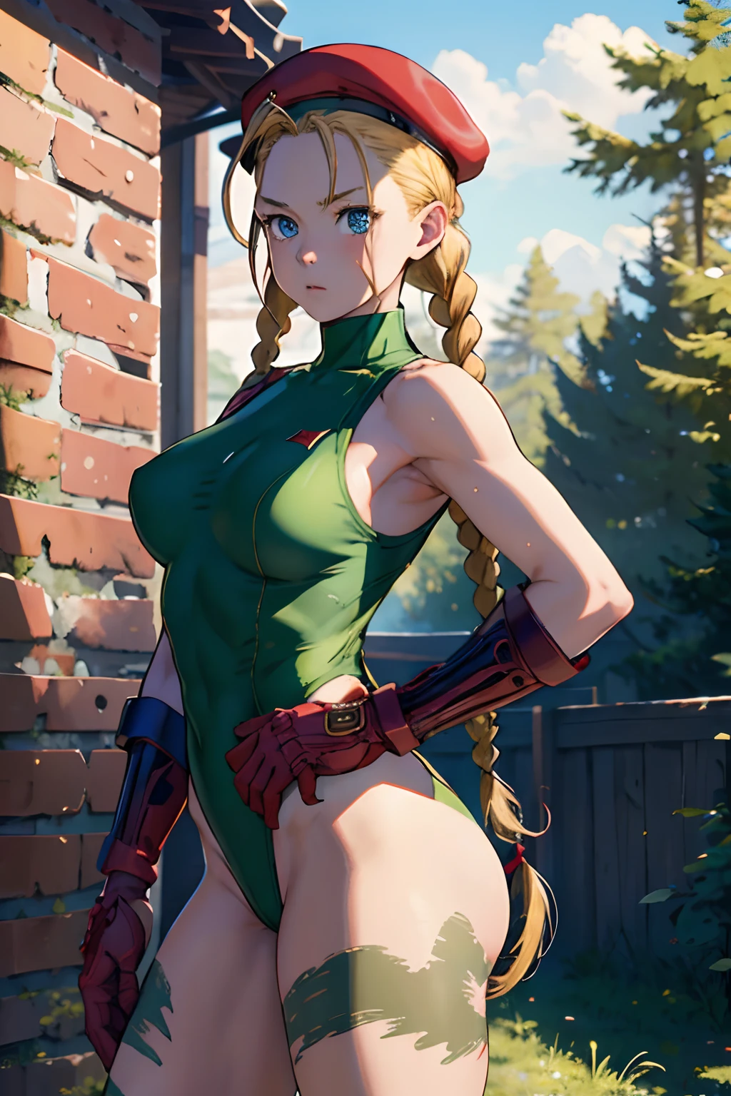 masterpiece, best quality, highres, 1girl, cammy white, twin braids, long hair, blonde hair, antenna hair, beret, (red headwear:1.3), blue eyes, scar on cheek, green leotard, large breasts, sleeveless, red gloves, fingerless gloves, camouflage, cowboy shot, standing, outdoors, arms at sides, straight-on,