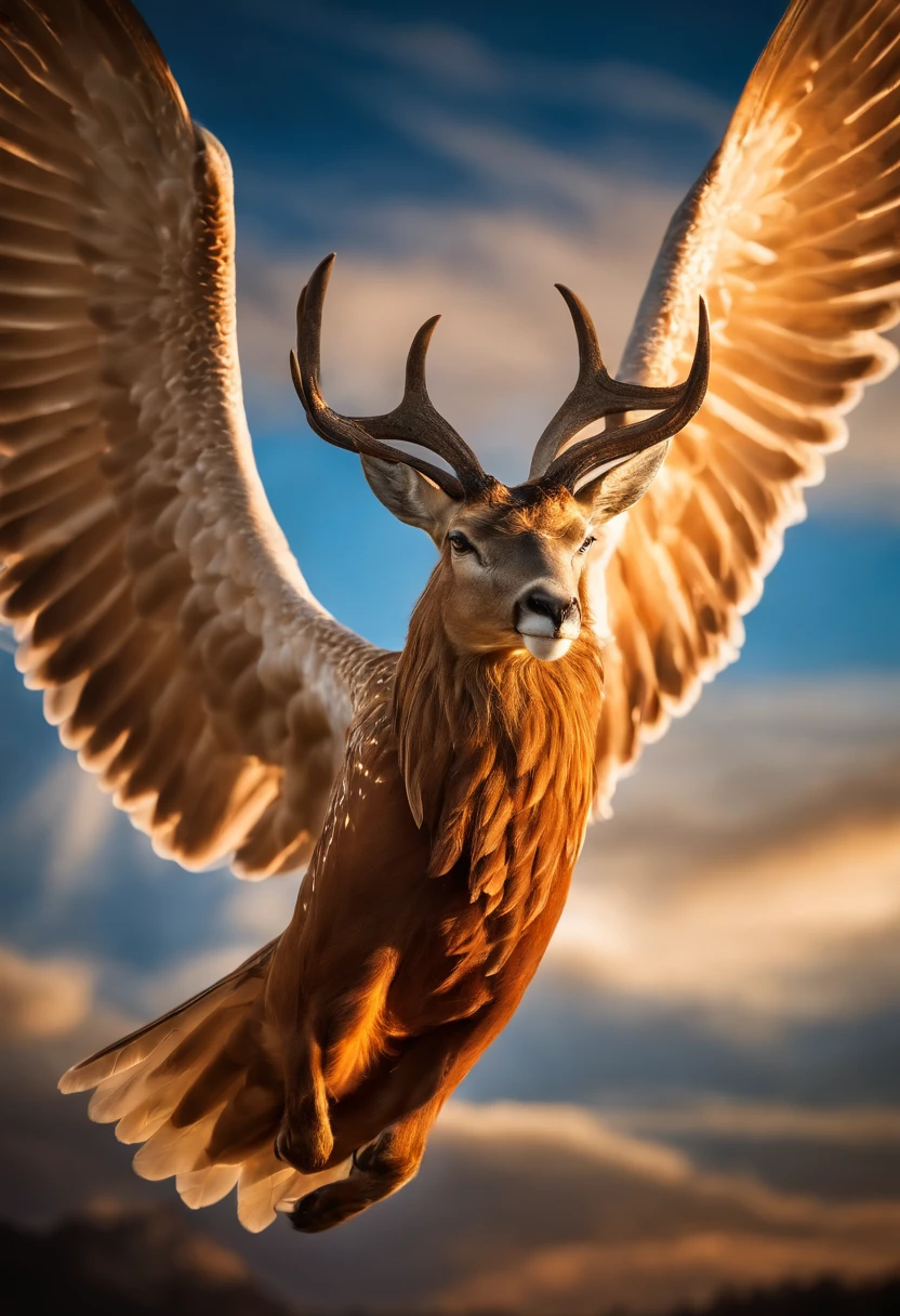 Photography of a mythical and majestic creature soaring through a brilliant sky. Its wings, composed of vibrant feathers that shimmer with iridescence, span wide as it glides gracefully. The creature's noble aura is enhanced by its regal antlers and its wise, all-seeing eyes. The composition is a high angle shot, capturing the creature against a backdrop of golden sunlight and billowing clouds, evoking a sense of awe and wonder. The lighting is soft, casting a warm glow that highlights the creature's magnificent features. This photograph encapsulates the breathtaking beauty of a mythical creature taking flight
