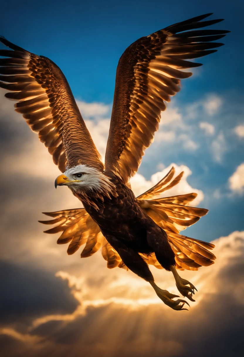 Photography of a mythical and majestic creature soaring through a brilliant sky. Its wings, composed of vibrant feathers that shimmer with iridescence, span wide as it glides gracefully. The creature's noble aura is enhanced by its regal antlers and its wise, all-seeing eyes. The composition is a high angle shot, capturing the creature against a backdrop of golden sunlight and billowing clouds, evoking a sense of awe and wonder. The lighting is soft, casting a warm glow that highlights the creature's magnificent features. This photograph encapsulates the breathtaking beauty of a mythical creature taking flight