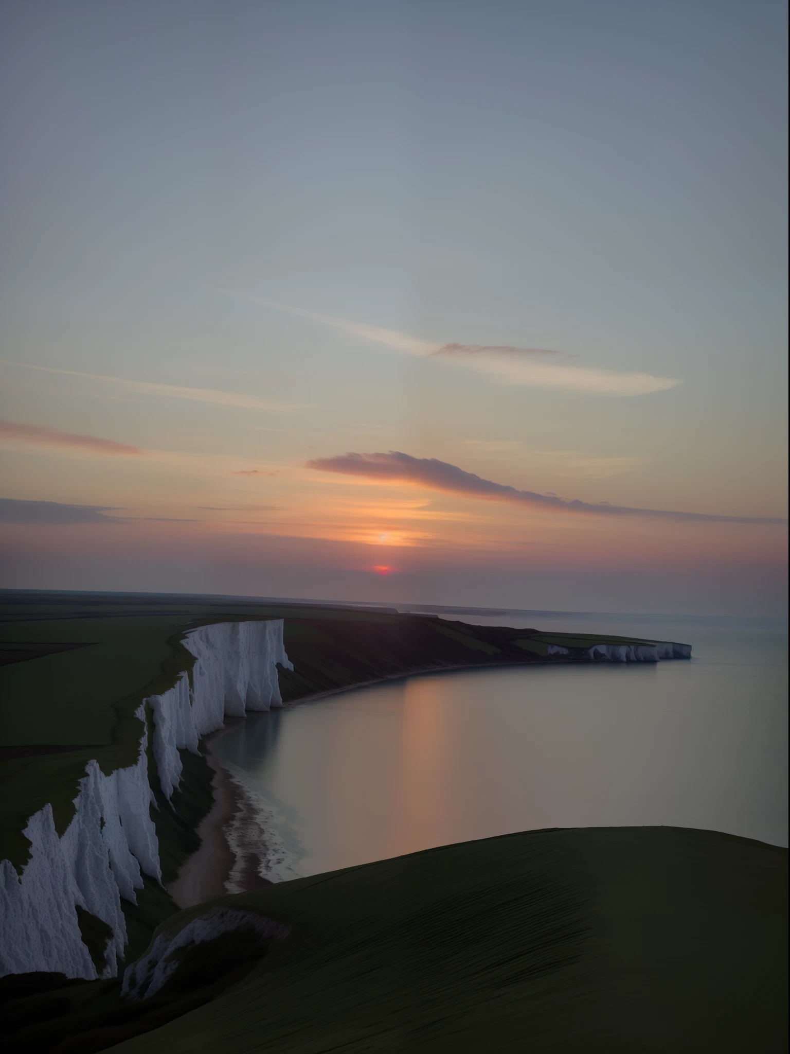 Sunset over the white cliffs of the Isle of Wight, Cross the chalk cliffs, Cliffs of Dover, The most beautiful sunset, sheer cliffs surround the scene, stunning vista, stunning view, author：David Martin, amazing sunset, beautiful epic vista, author：Julian Hatton, author：Charlotte Harding, epic and stunning, epic scenic shot, Sunset in the background, author：Dicky Doyle